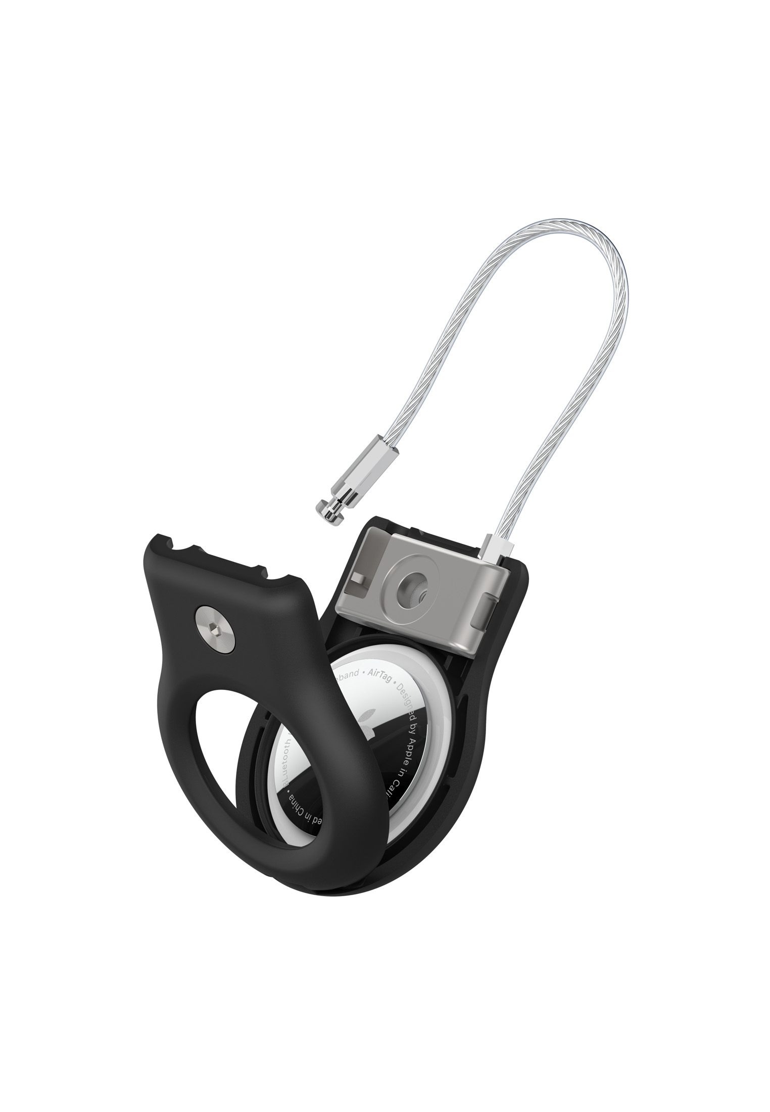 Schwarzer AirTag-Halter mit silbernem Kabel. Der Halter ist geöffnet und zeigt den weißen AirTag.