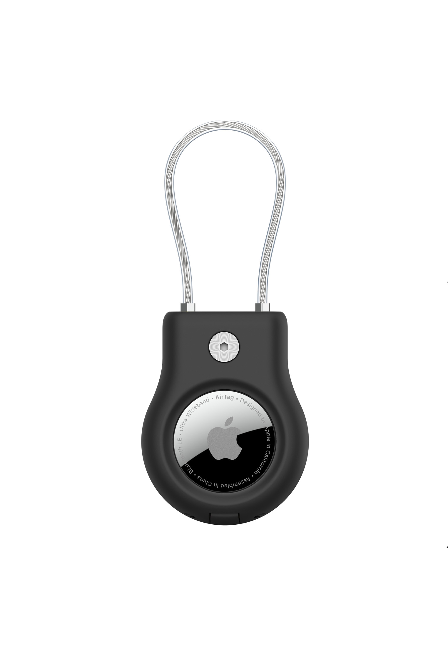 Schwarzes Apple AirTag mit silberner Drahtschlaufe. Weißer Hintergrund.