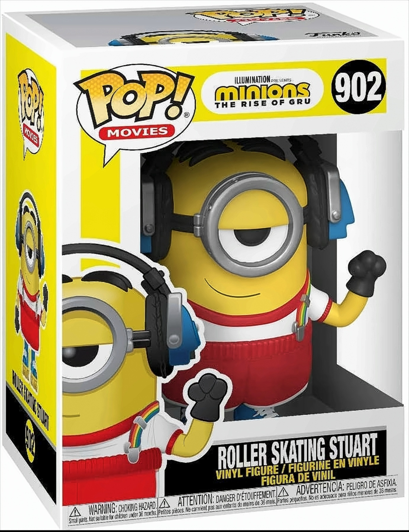 Eine Minion-Figur in einer Box. Sie trägt Kopfhörer und hält die Hand hoch.