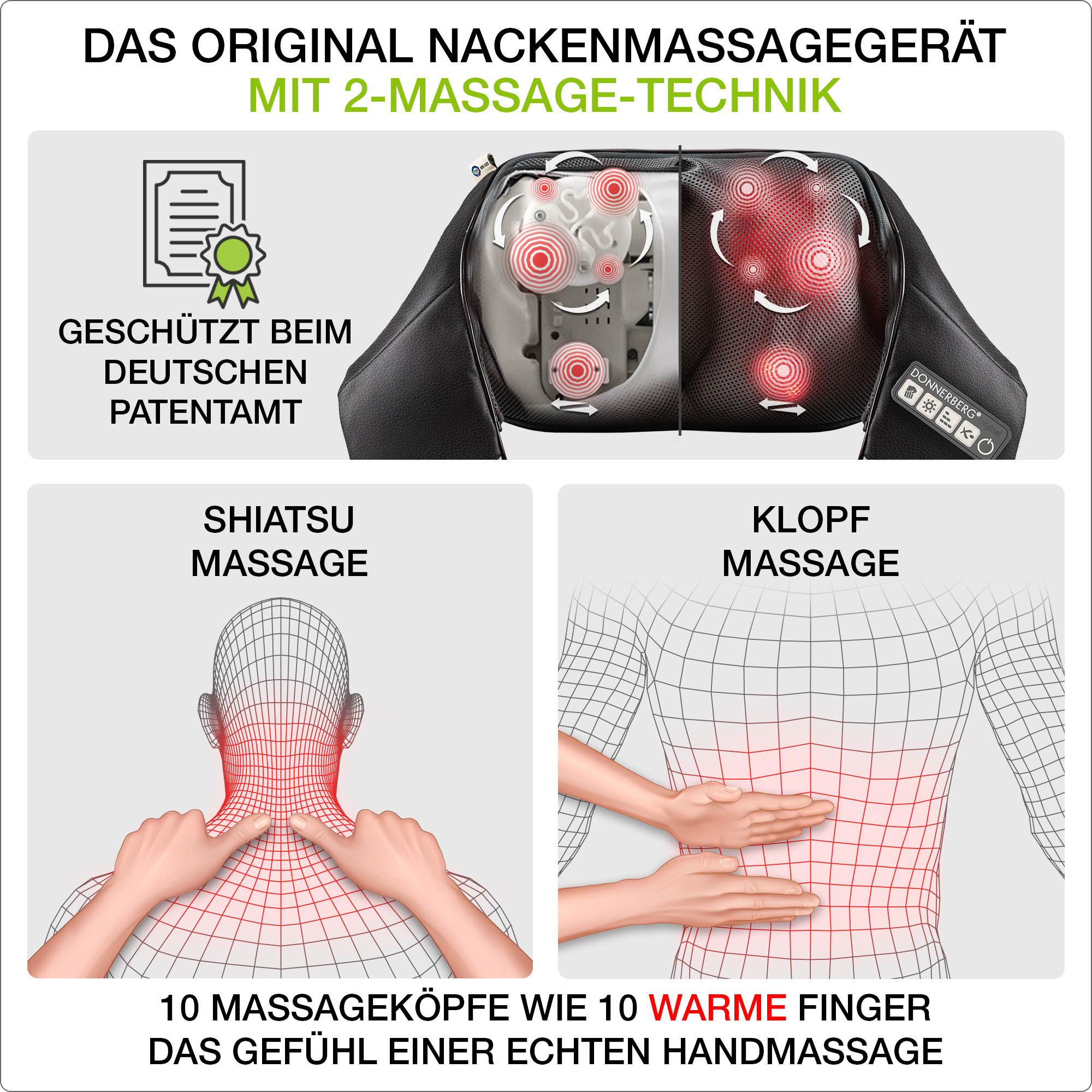 Klopfmassagefunktion Massagegerät Shiatsu Nackenmassagegerät 4D DONNERBERG mit Massage Klopfmassage