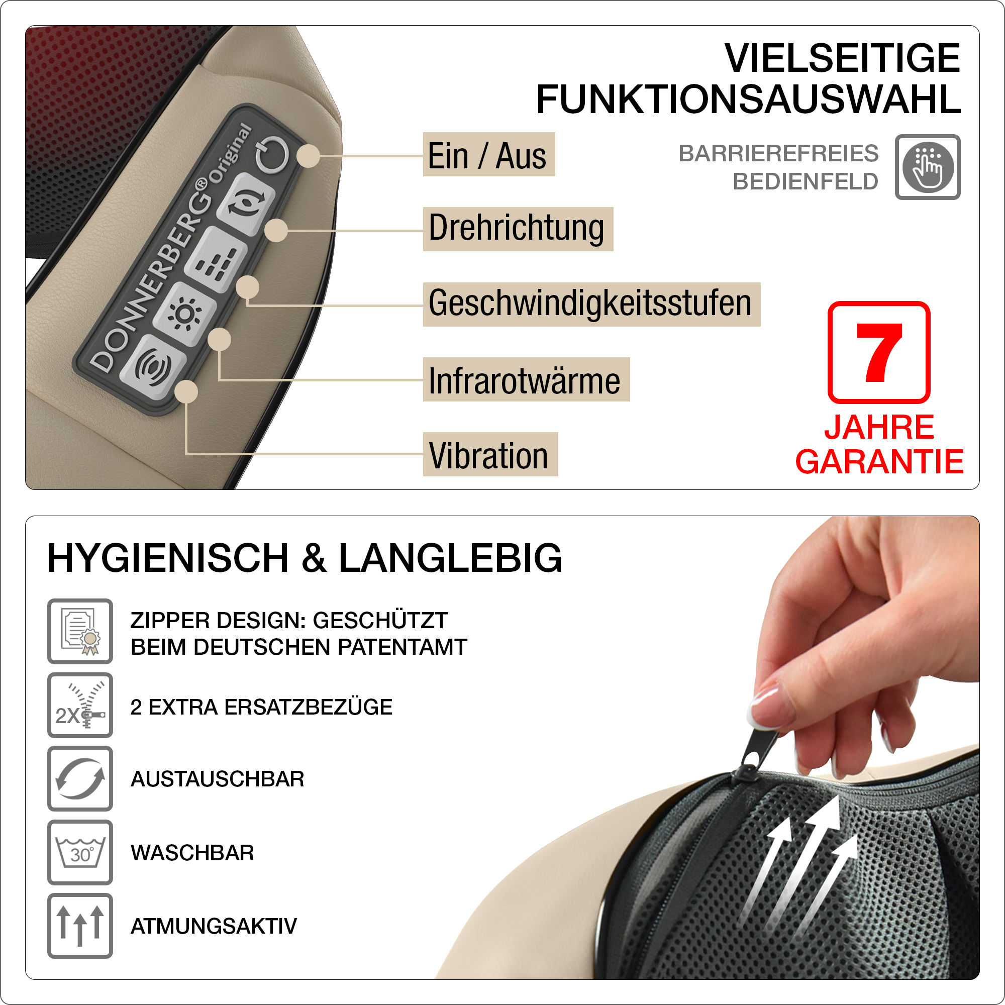 Nahaufnahme eines Massagegeräts mit Knöpfen und Informationstext. Der untere Teil zeigt einen Reißverschluss.