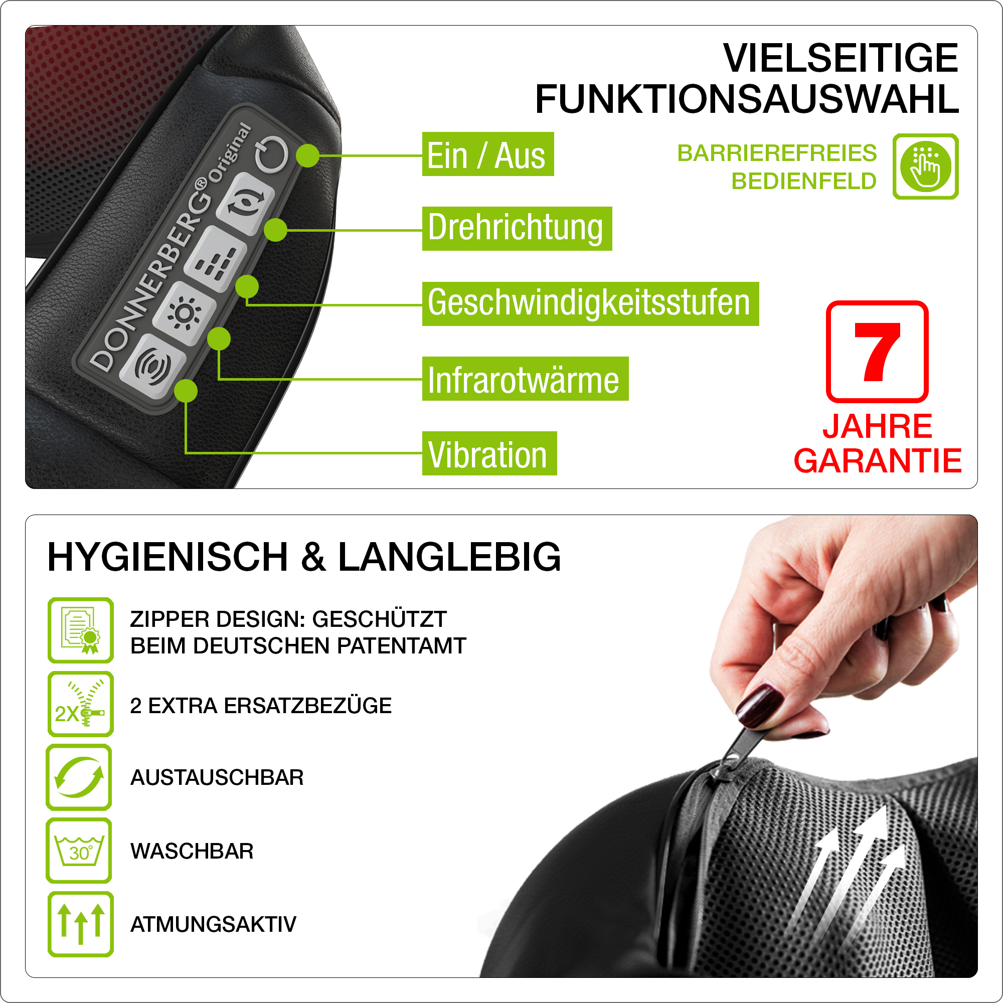 Nahaufnahme eines schwarzen Nackenmassagegeräts mit Knöpfen und Textbeschriftungen. Text und Beschriftungen auf Deutsch.