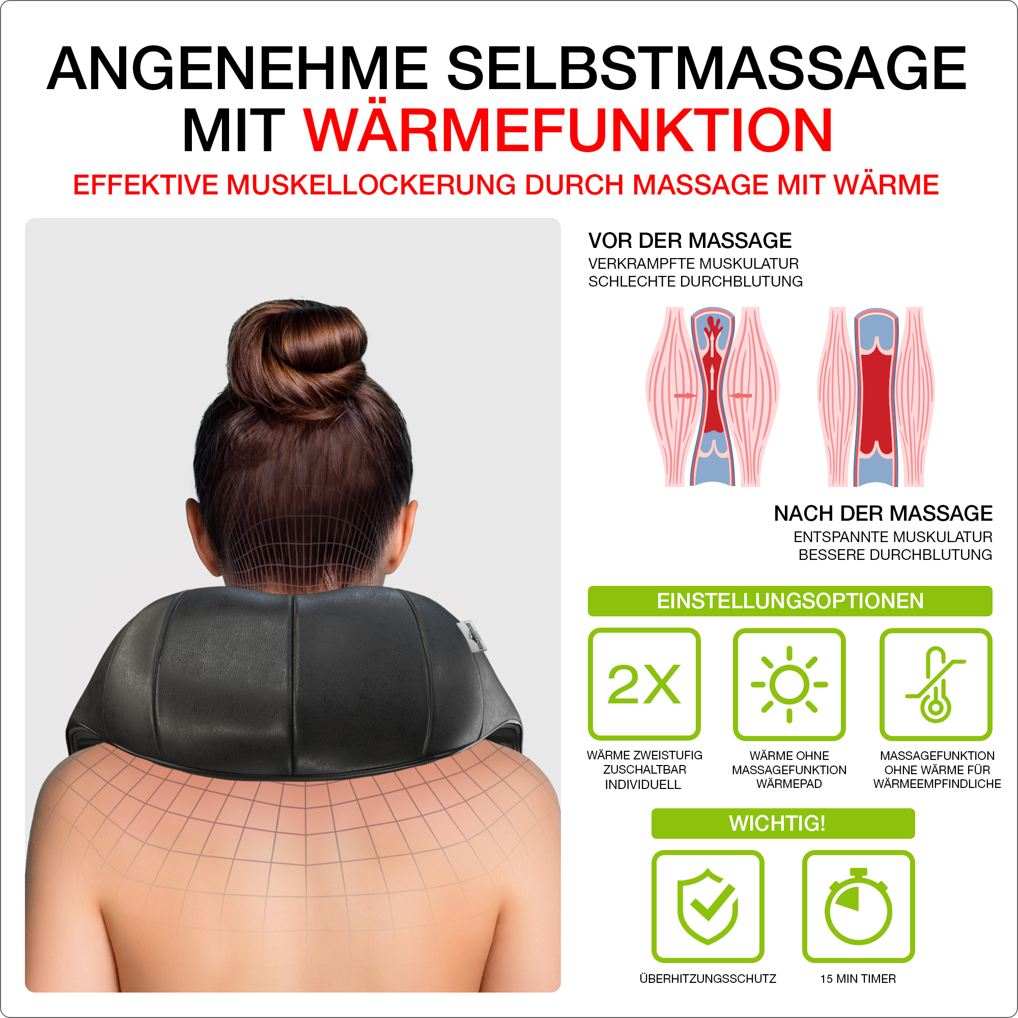 Frau mit Nackenmassagegerät. Diagramme zeigen Muskelentspannung und Wärmefunktionsoptionen.
