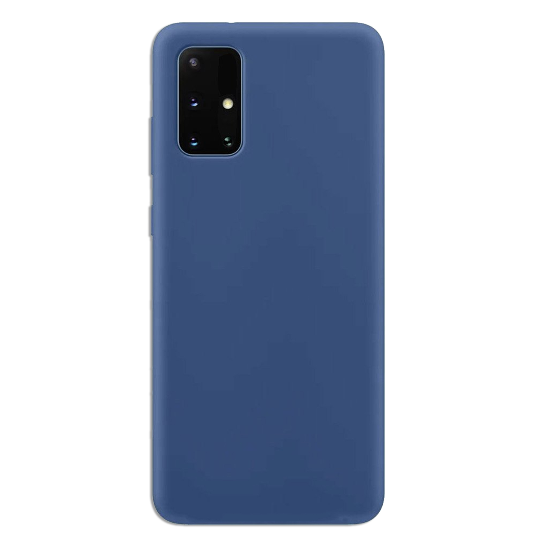 Eine blaue Handyhülle. Hat Kameraausschnitt, Tasten und eine rechteckige Form.