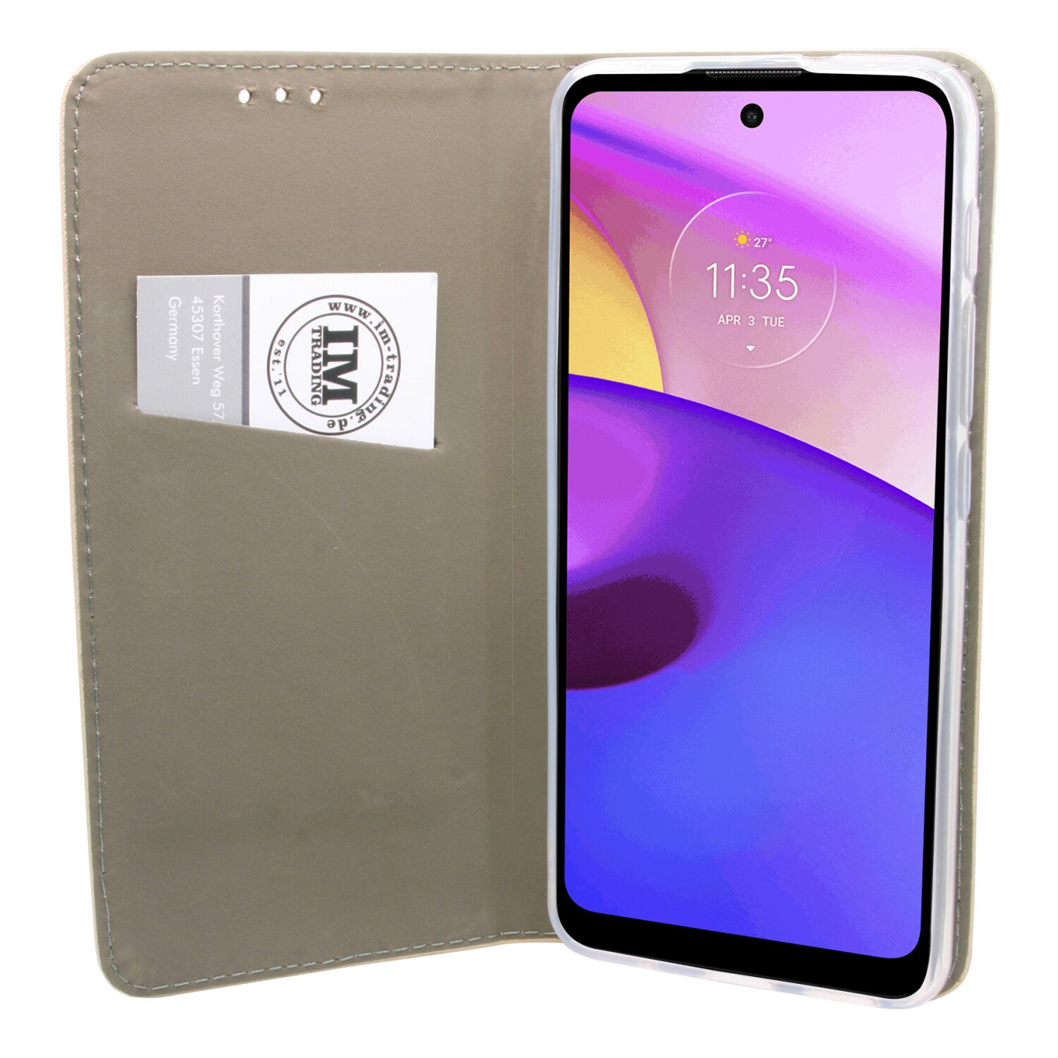 Ein Smartphone in einer Schutzhülle. Das Telefon zeigt eine Uhr und einen lila Hintergrund.