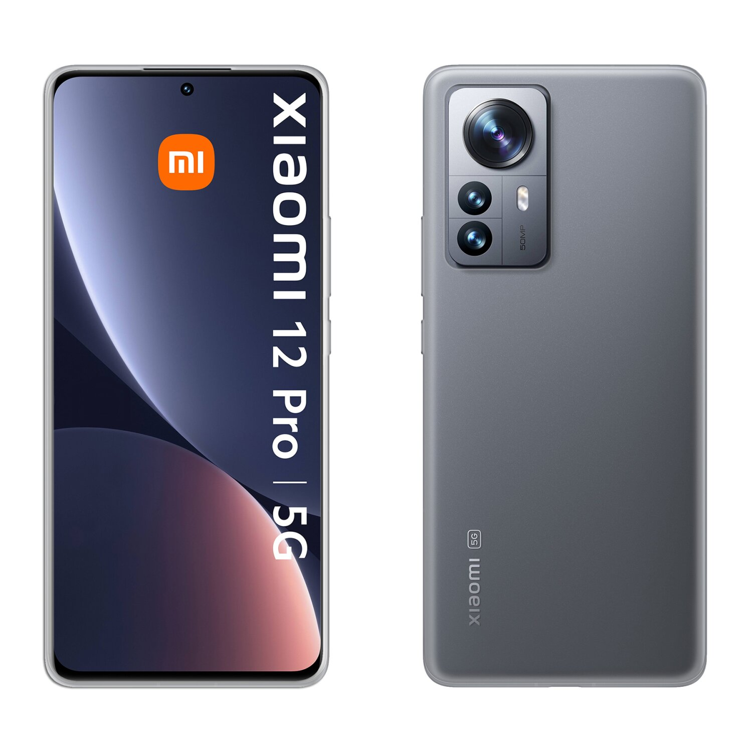 Zwei Seiten eines grauen Xiaomi 12 Pro 5G Telefons. Text auf der linken Seite.