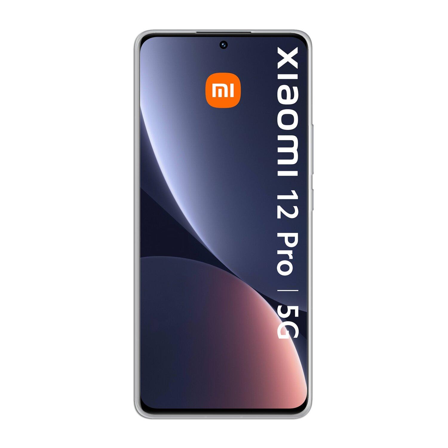 Vorderansicht des Xiaomi 12 Pro 5G-Telefons. Display ist eingeschaltet mit Abstraktem Hintergrund. Weißer Hintergrund.