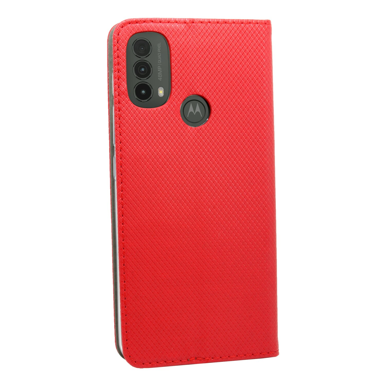Rote Smartphone-Hülle mit Telefon darin. Ein Motorola-Logo auf der Hülle.