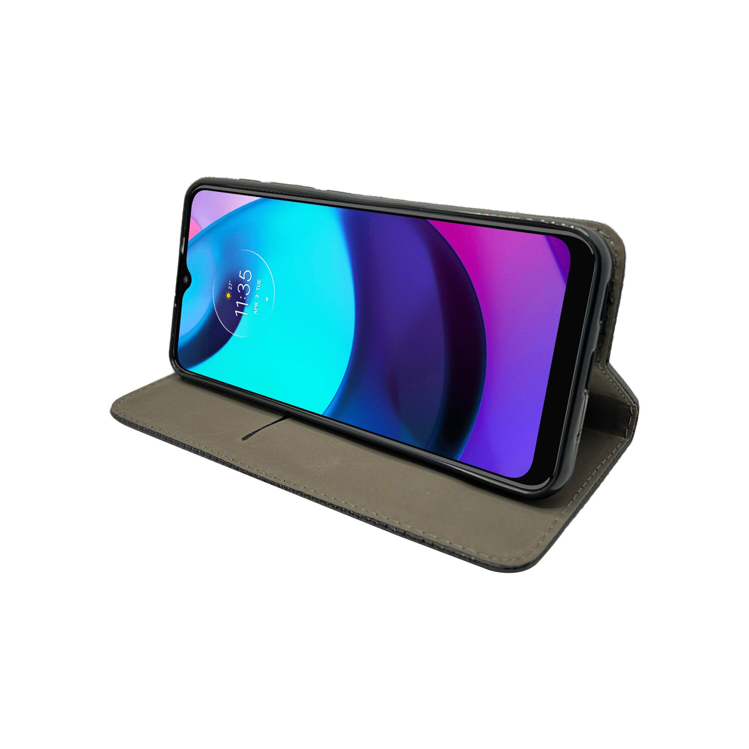 Smartphone in einer Hülle, geöffnet, auf weißer Oberfläche. Der Bildschirm zeigt eine Oberfläche.
