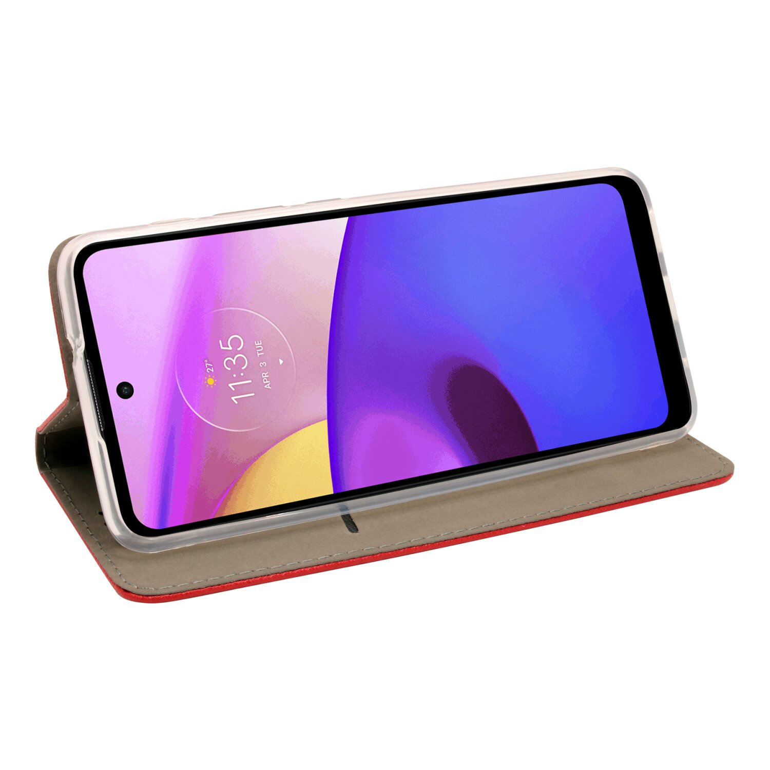 Smartphone in einer Hülle, offen. Der Bildschirm zeigt eine Oberfläche, rotes Gehäuse unten.