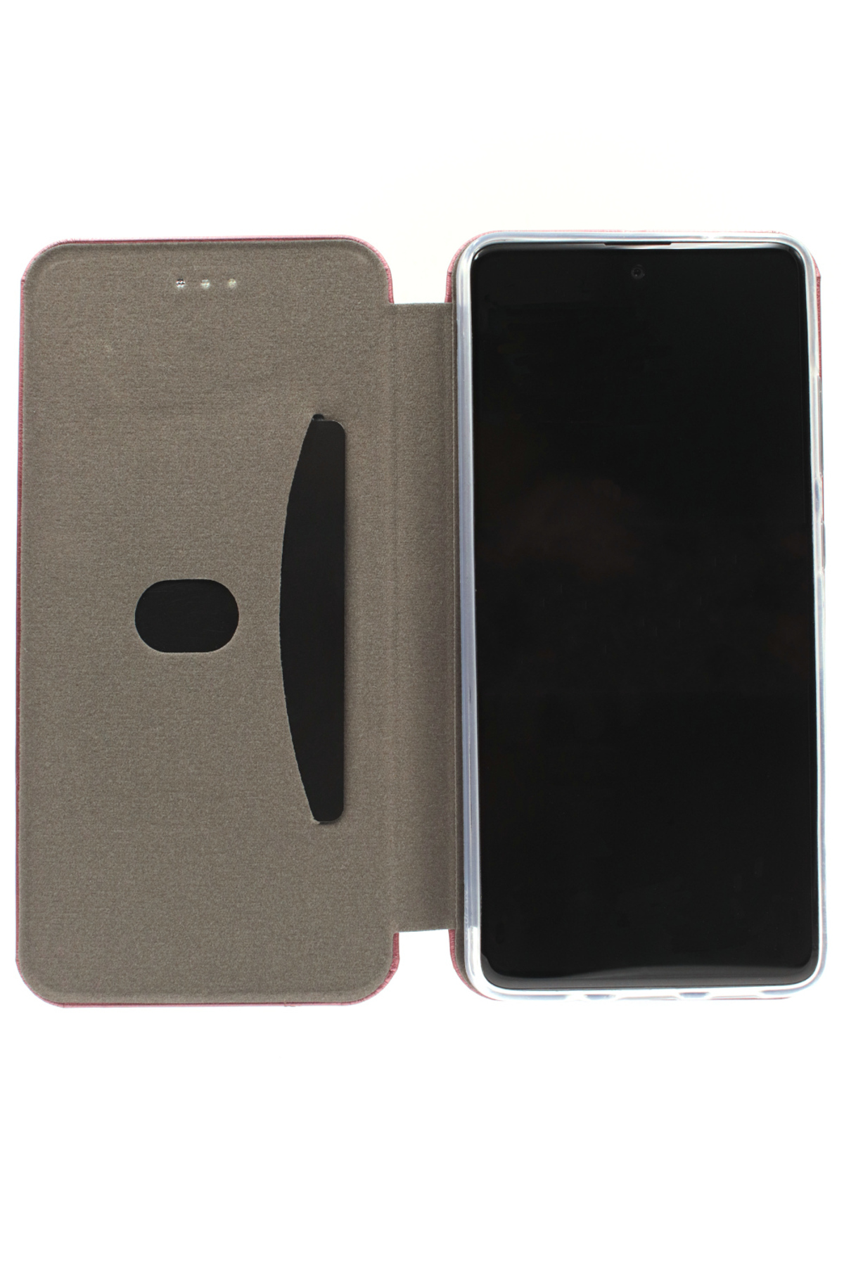 Eine pinkfarbene Handyhülle mit einem schwarzen Telefon darin. Die Hülle ist geöffnet, der Bildschirm sichtbar.