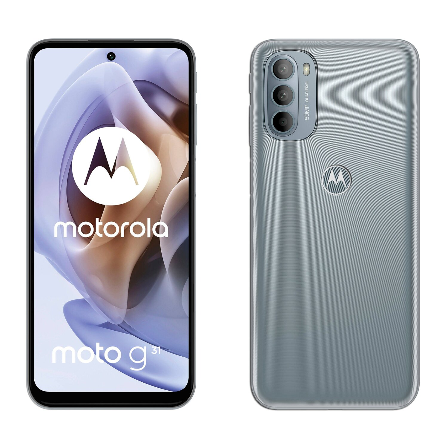 Zwei Seiten eines grauen Motorola Moto G31 Telefons. Motorola-Logo sichtbar.