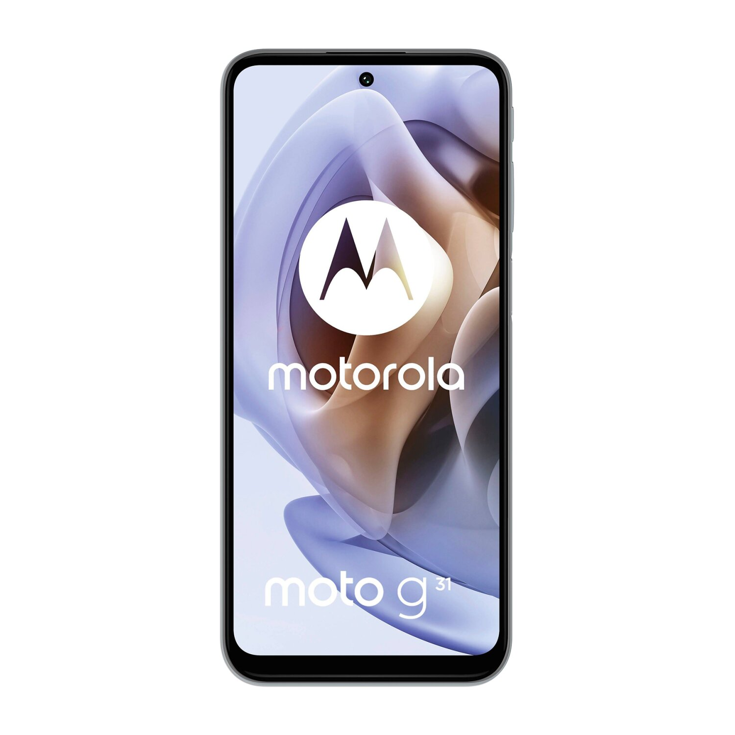 Ein schwarzes Motorola-Telefon mit einem Bildschirm, der das Logo und einen verschwommenen Hintergrund zeigt.