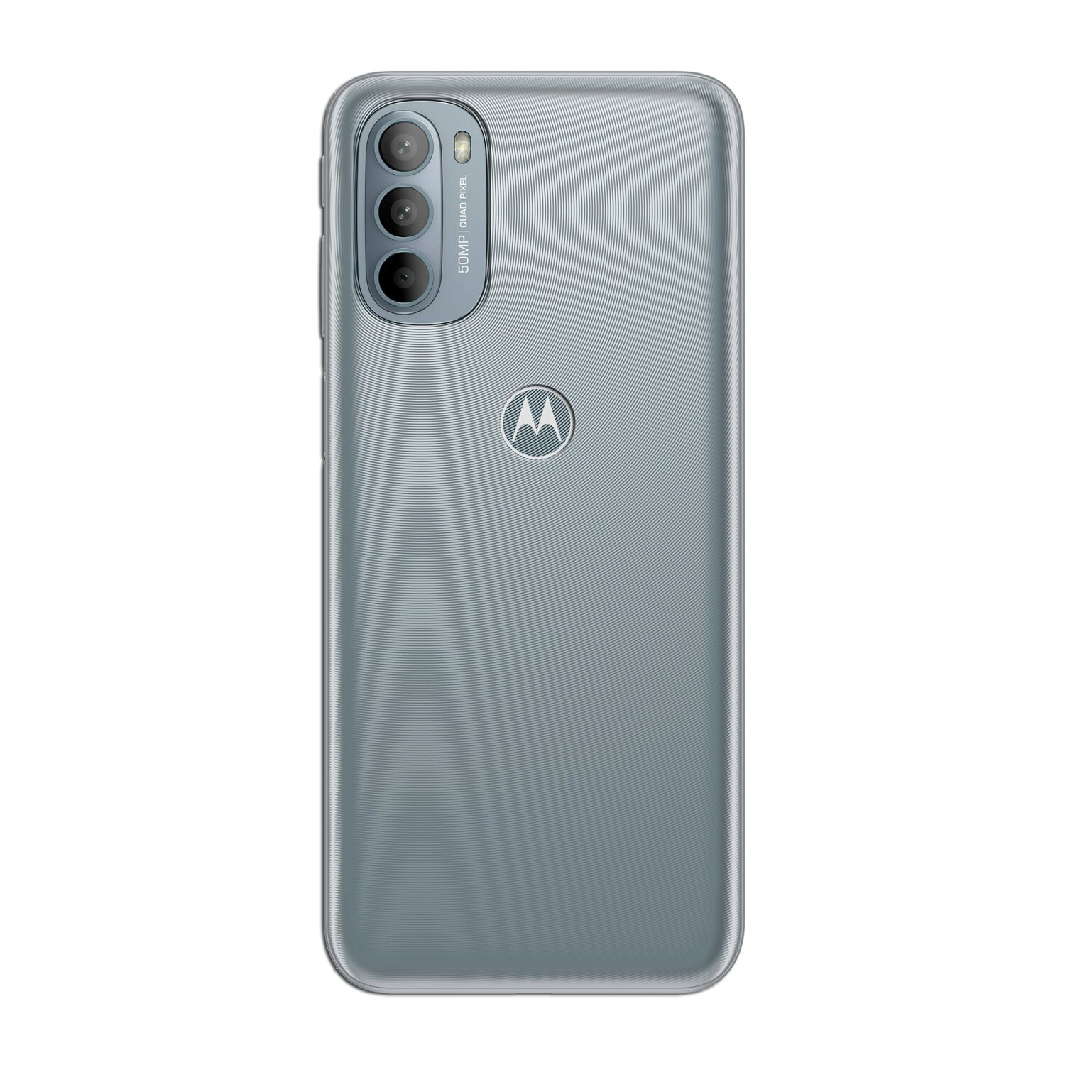 Graues Smartphone mit Kameras und Motorola-Logo auf der Rückseite.