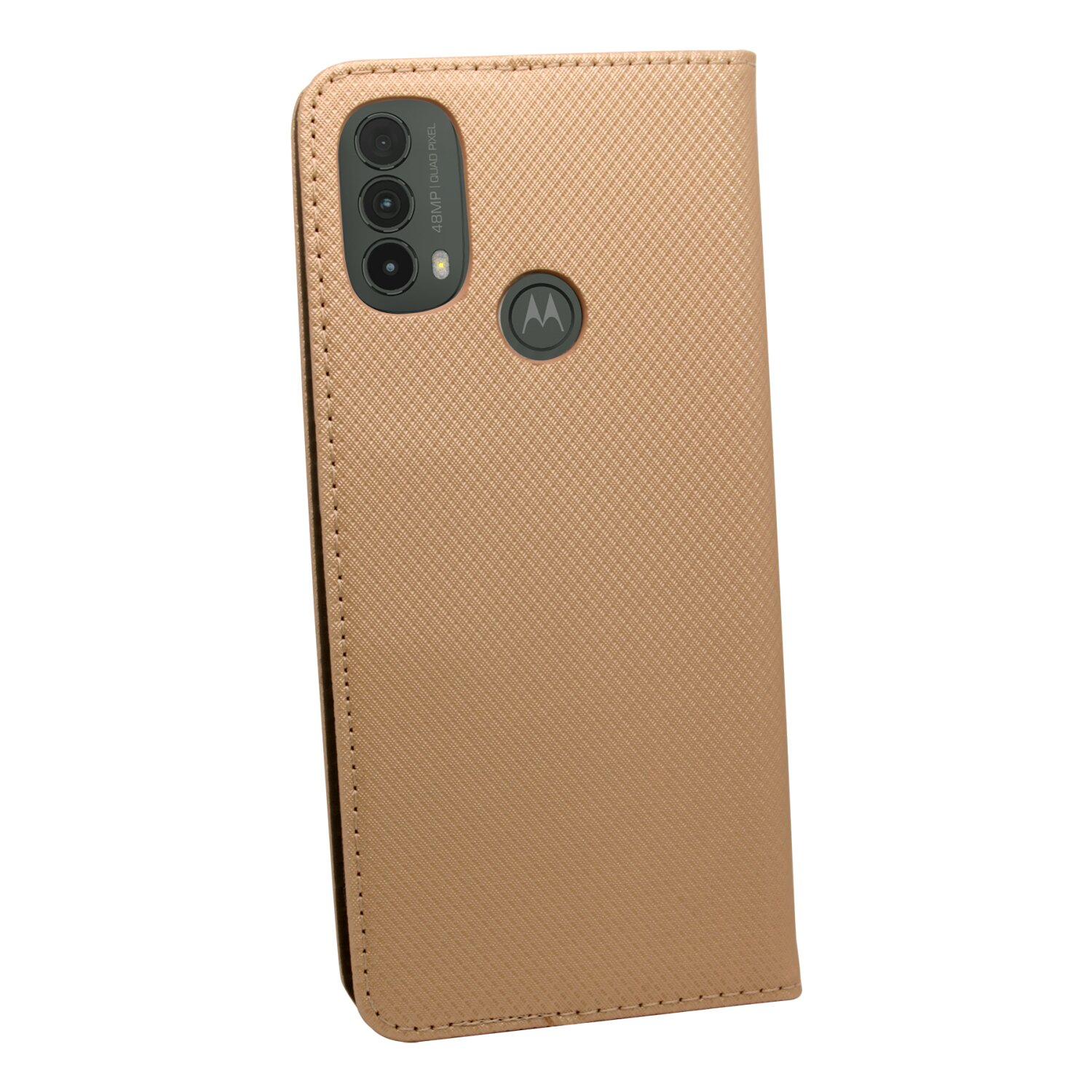 Eine Handyhülle mit strukturierter Oberfläche, einer Kamera und einem Logo.