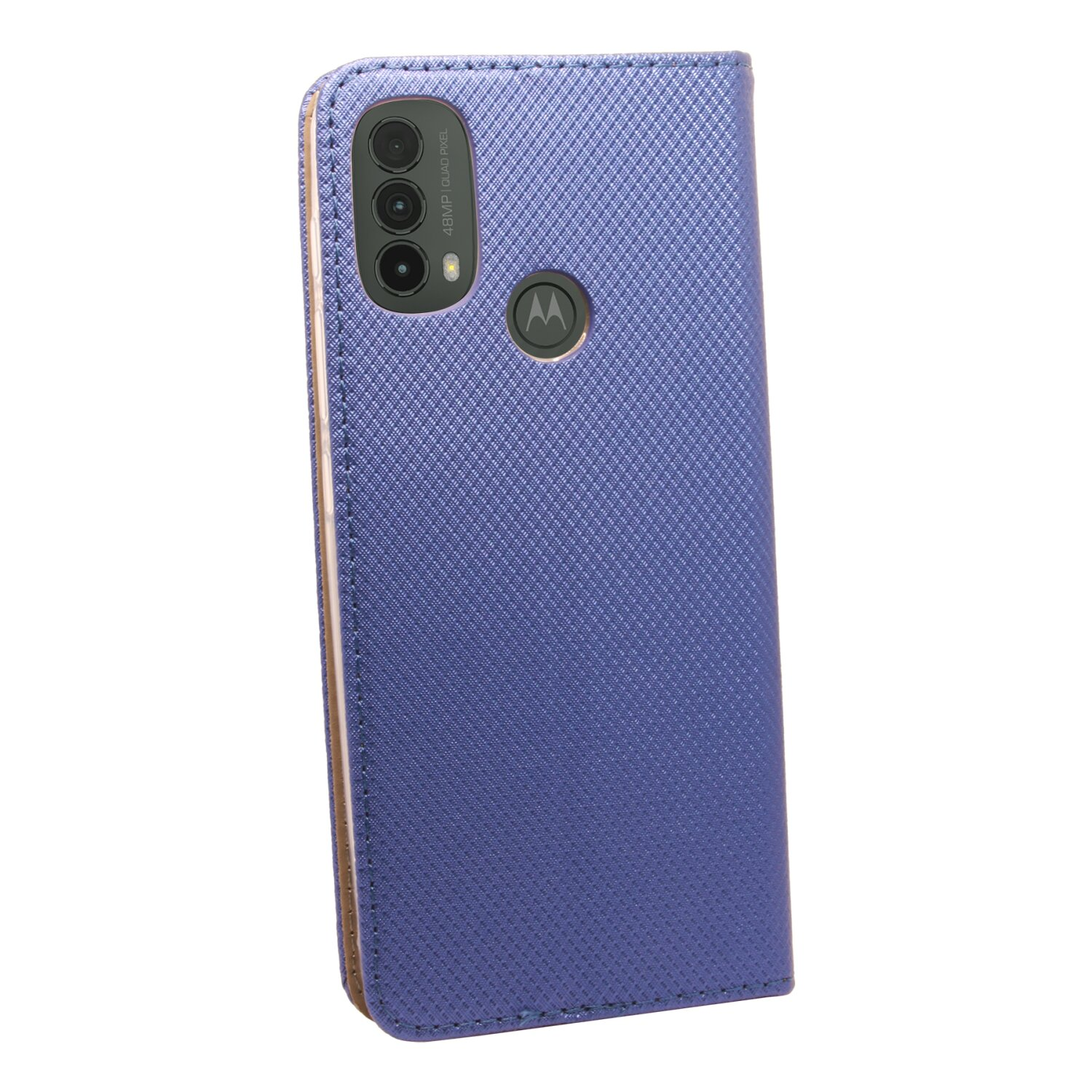 Blau gemusterte Handyhülle mit Kamera und Logo auf der Rückseite.