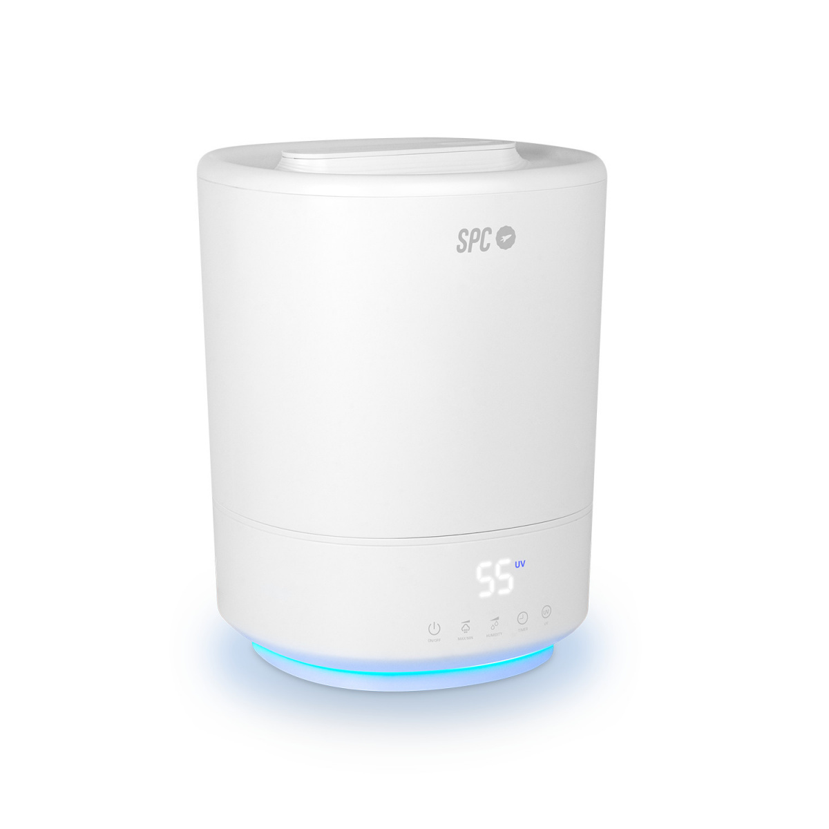 Biały nawilżacz powietrza z cyfrowym wyświetlaczem '55 UV' i logo SPC.