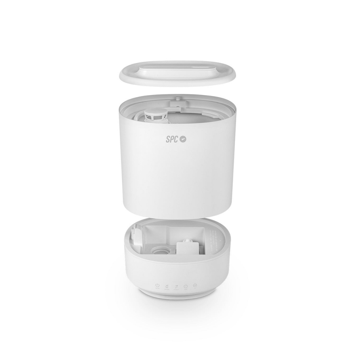 Biały nawilżacz powietrza, zdemontowany. Pokazuje podstawę, korpus i górną pokrywę. Logo SPC.