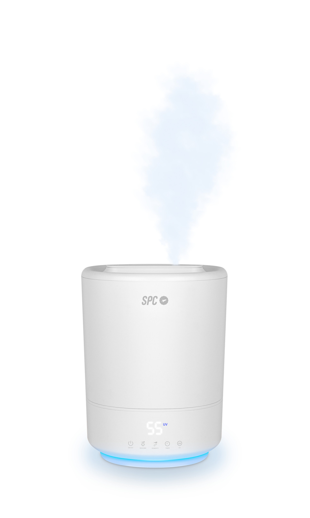 Biały nawilżacz SPC. Wydobywa się z niego para. Niebieskie światło na dole. Białe tło.