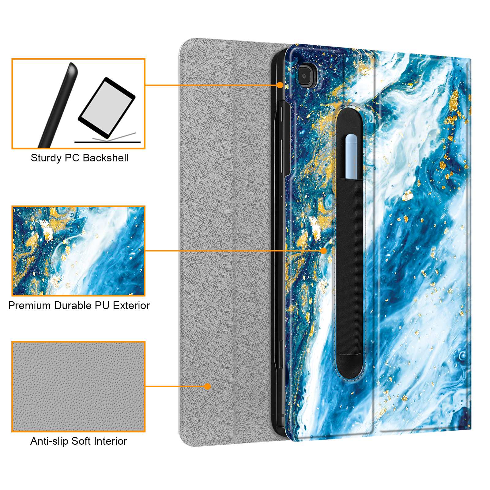 Bookcover + für Hülle FINTIE Tablethülle Samsung Polycarbonat, Acrylnitril-Butadien-Styrol, Meeresblau Tastatur