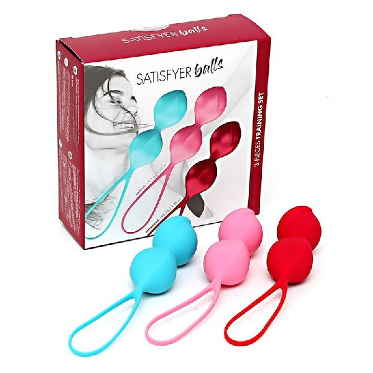Juego de caja de bolas de silicona rosa, azul y roja. La caja muestra a una mujer y las bolas.
