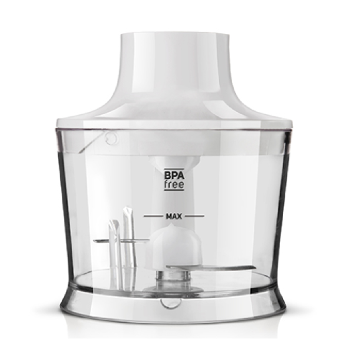 Procesador de alimentos blanco con recipiente transparente, cuchillas y etiqueta BPA free.