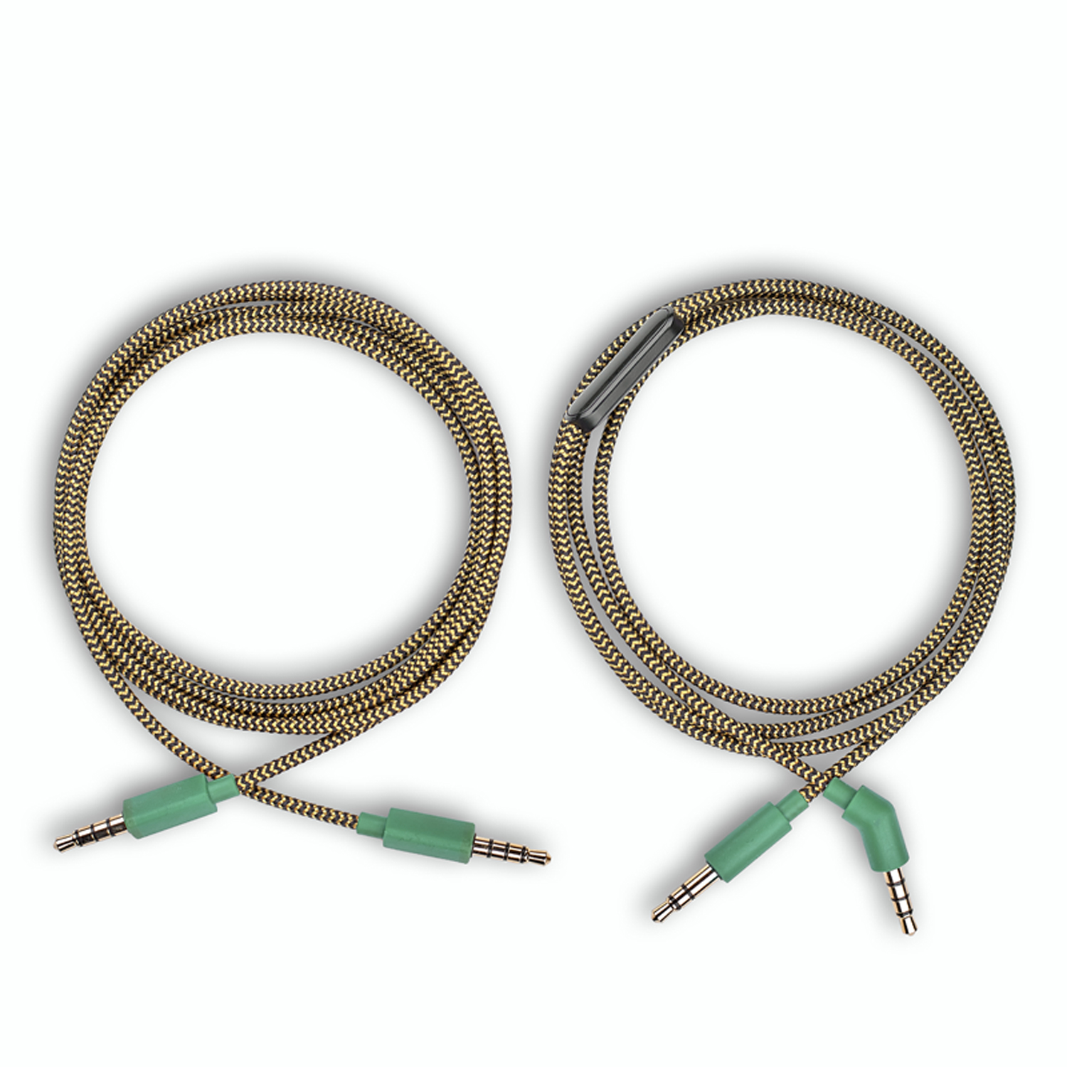 Zwei aufgerollte Audiokabel, tan und schwarz, mit grünen Buchsen. Weißer Hintergrund.