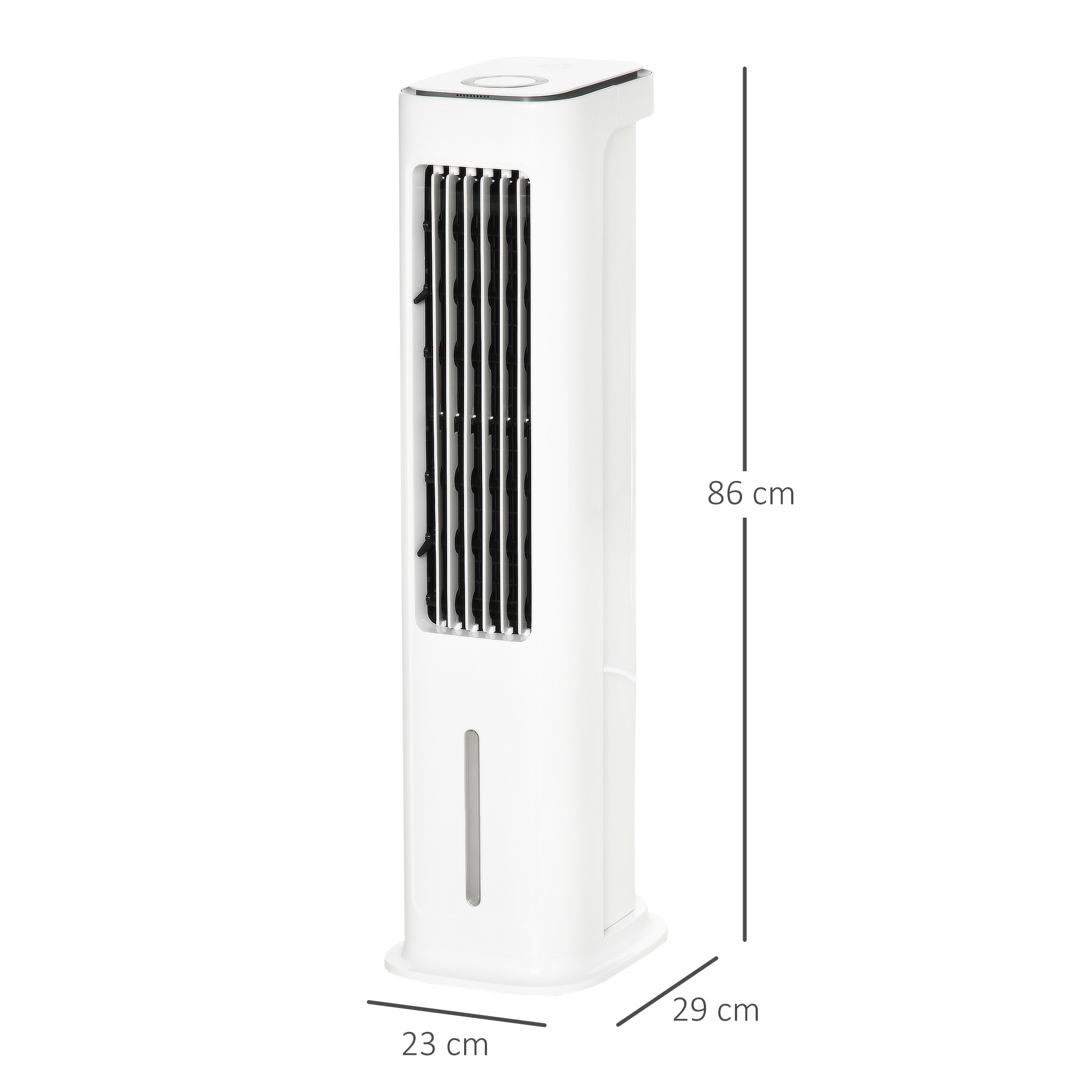 Un enfriador de aire alto y blanco con dimensiones: 23 cm ancho, 29 cm profundo y 86 cm alto.