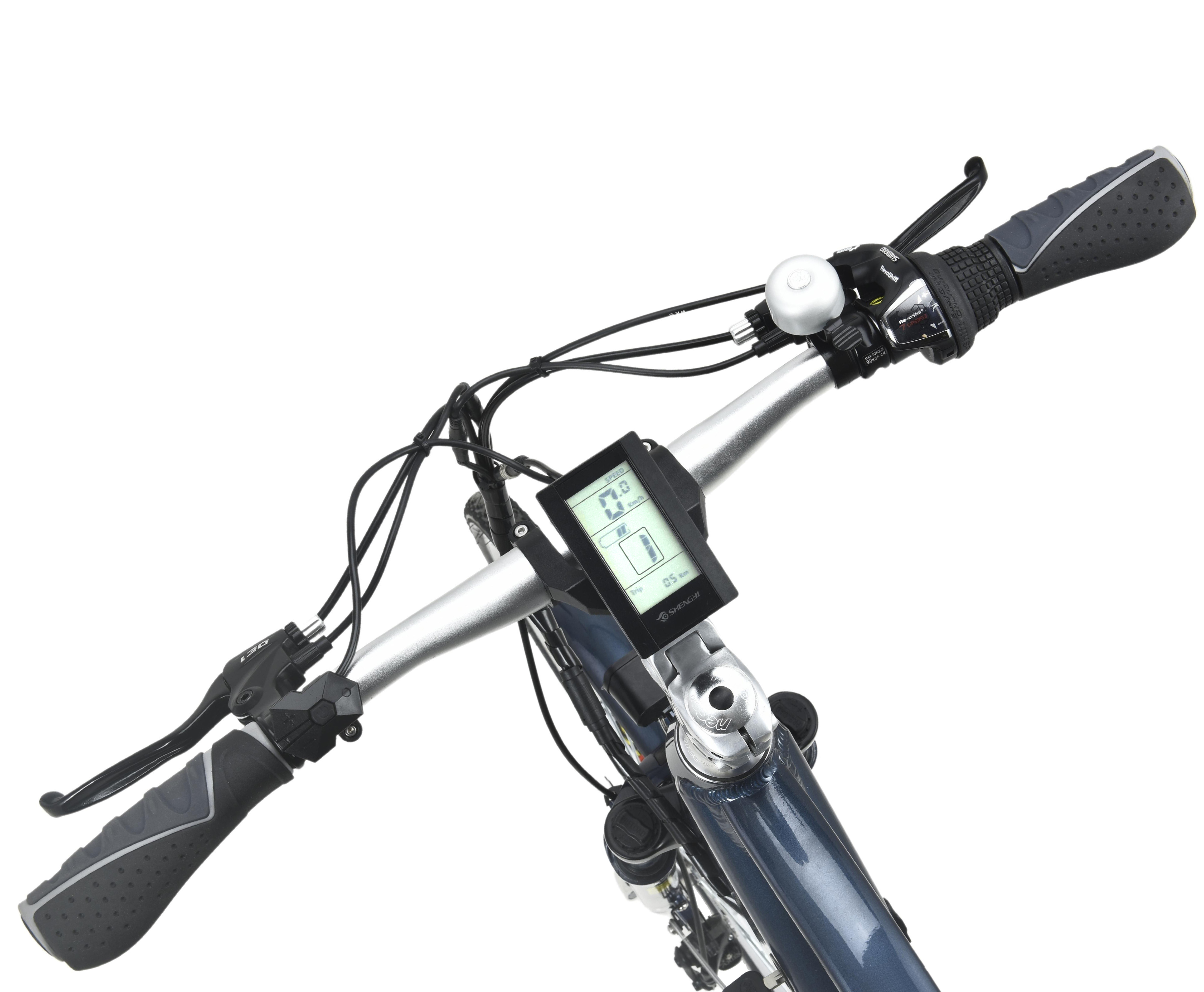 Fahrradlenker mit digitaler Anzeige. Der Lenker ist silberfarben.
