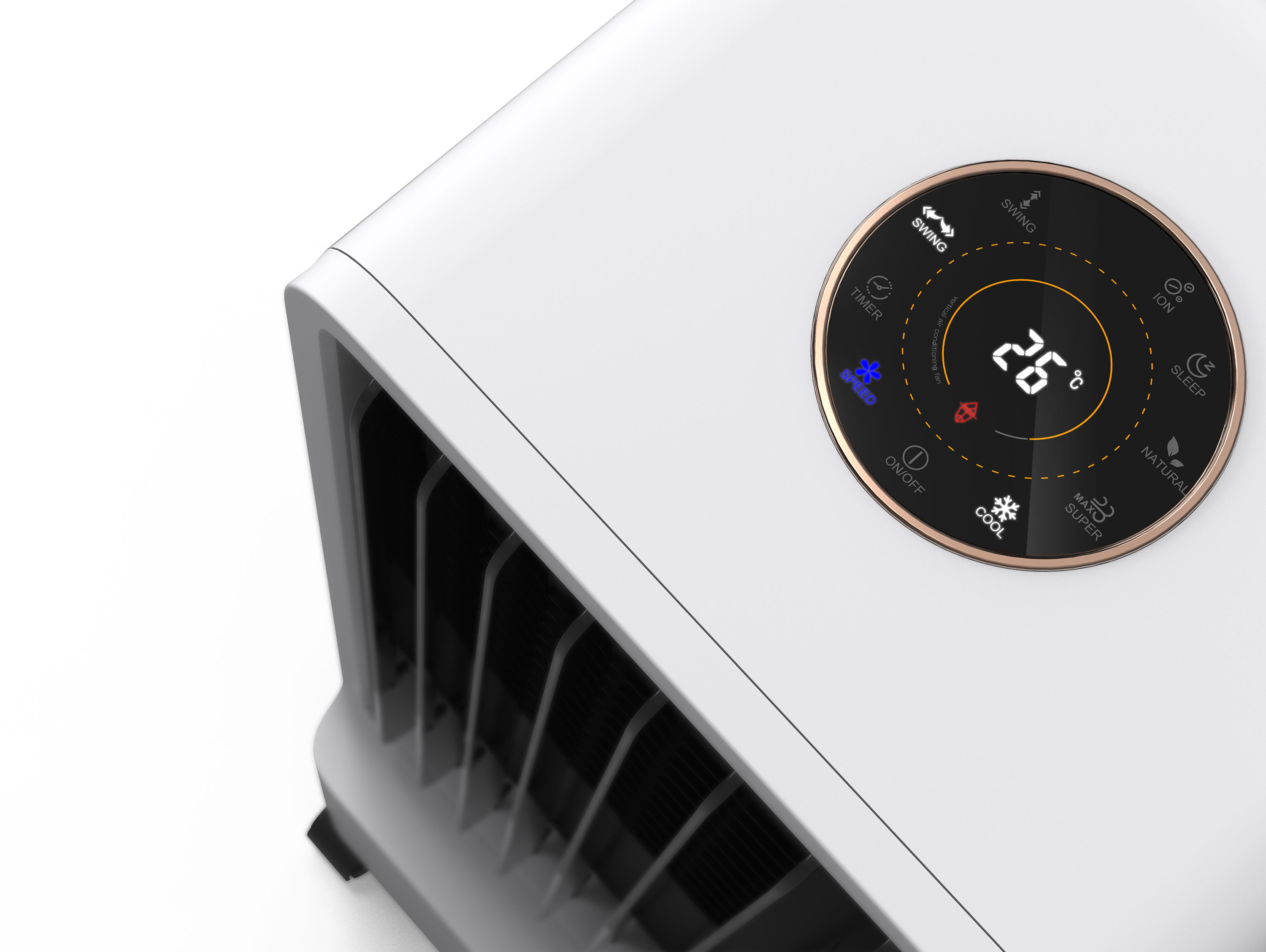 Purificatore d'aria bianco con un pannello di controllo circolare che mostra numeri e icone, con una presa d'aria nera in basso.