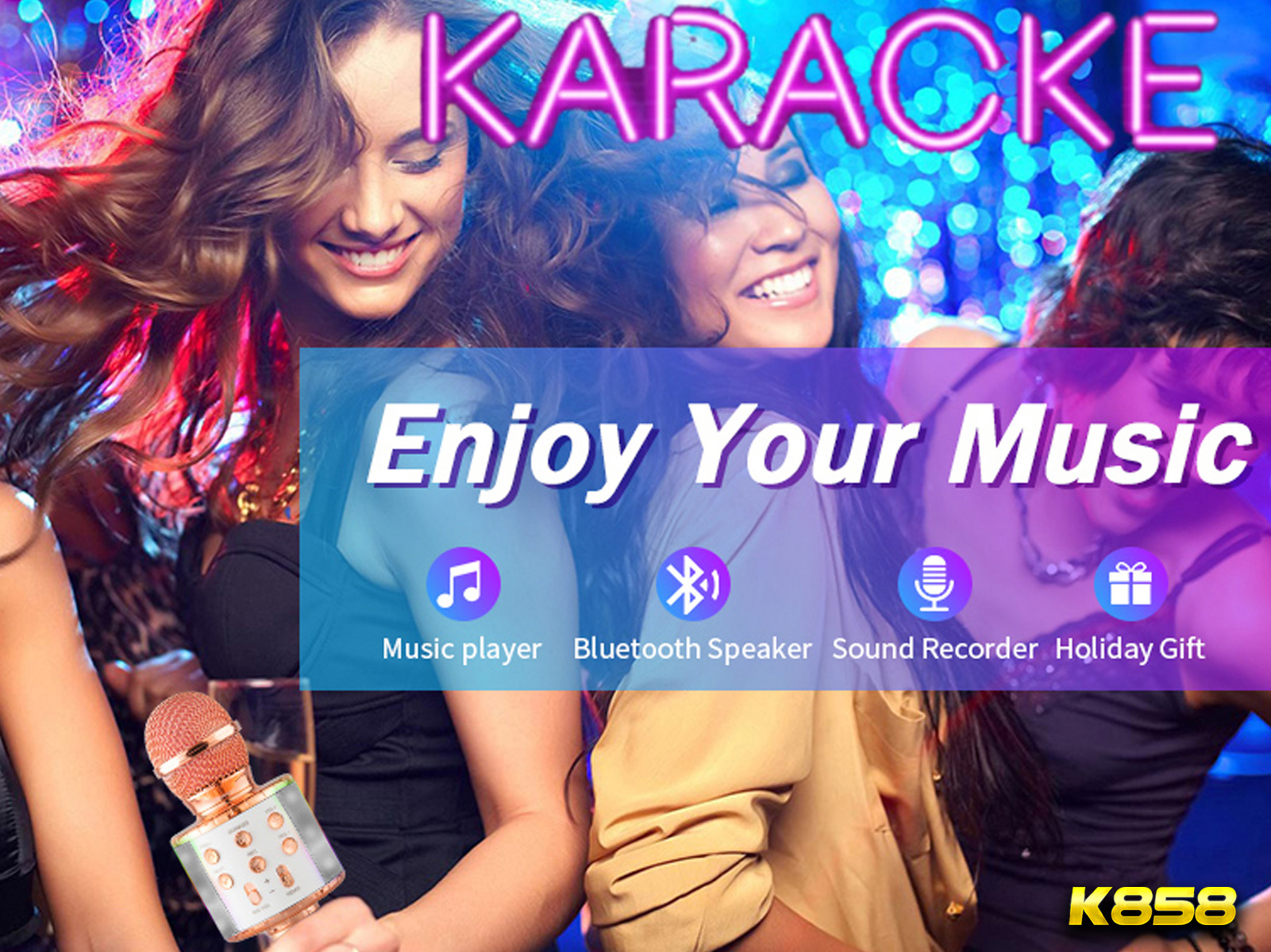 Una escena de karaoke con tres mujeres, una sosteniendo un micrófono, con texto "Karaoke" y "Enjoy Your Music".
