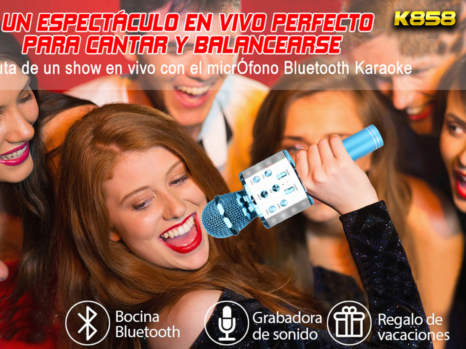 Mujer cantando en micrófono azul. Texto en español dice 'Micrófono Karaoke Bluetooth'.