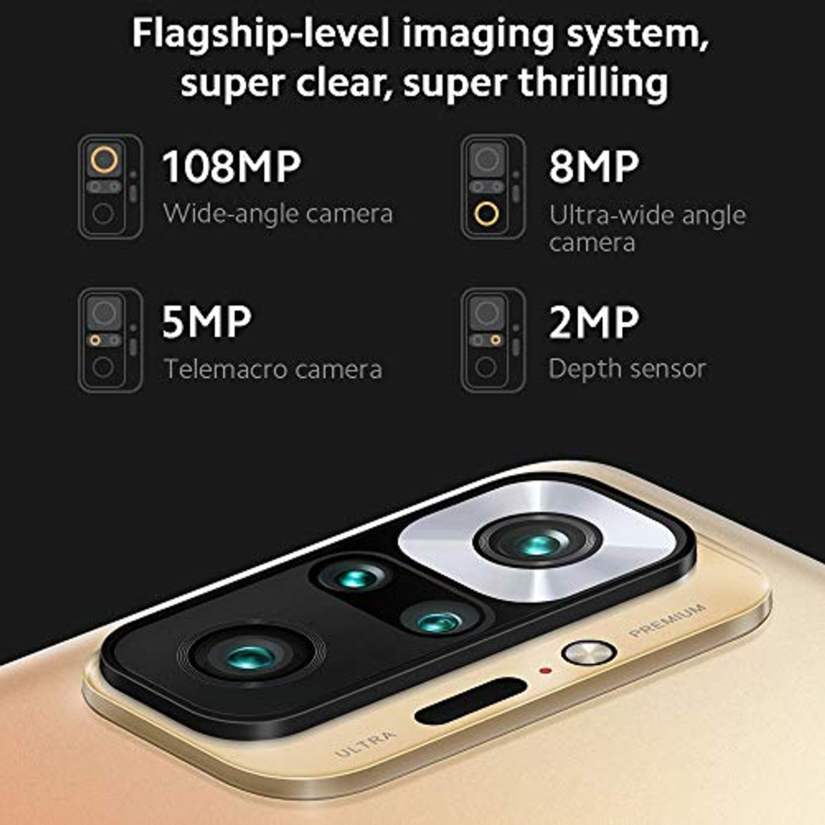 Smartfon z aparatami: 108MP, 8MP, 5MP, 2MP. Złoty tył, czarny obszar aparatu.