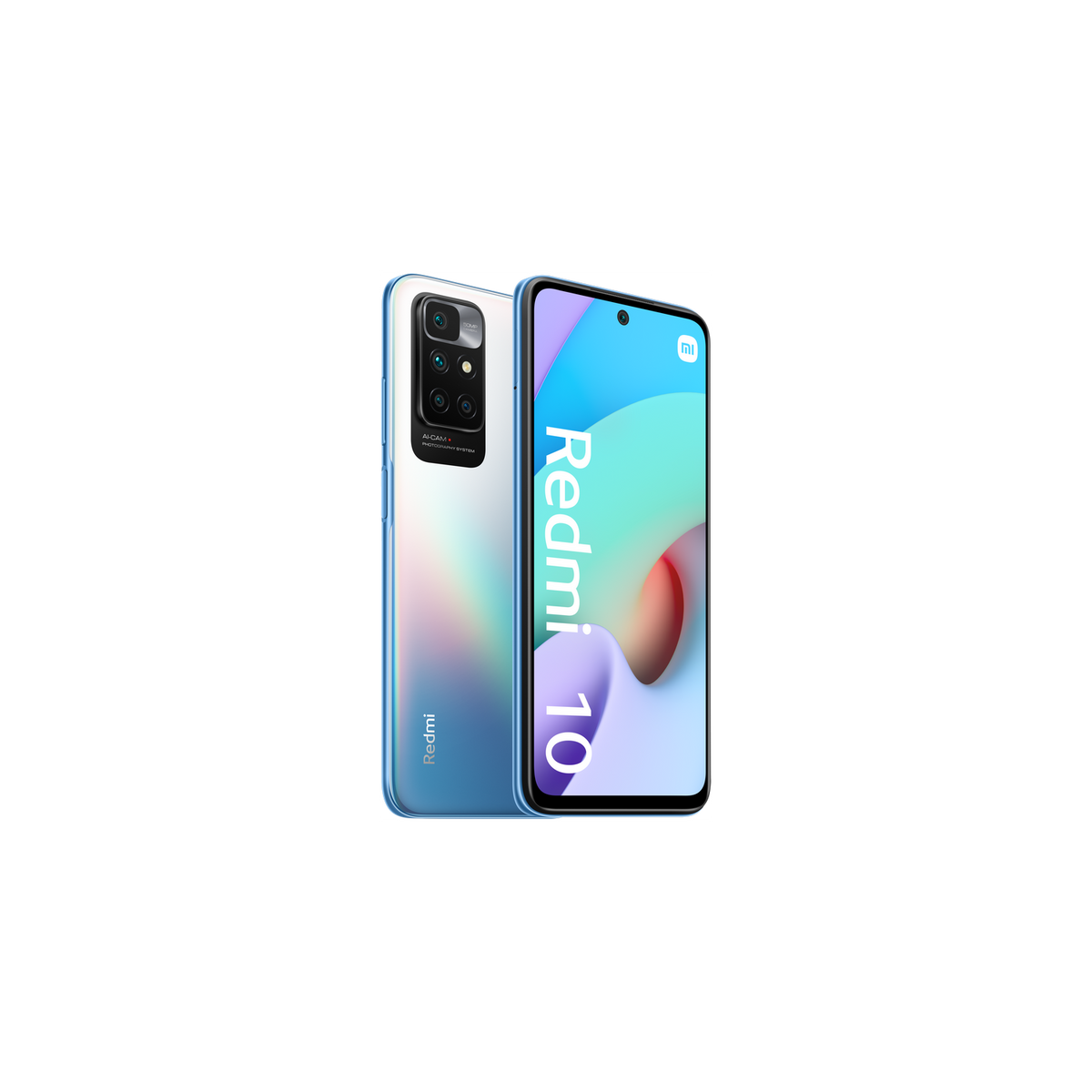 Zwei Smartphones, eines mit der Anzeige 'Redmi 10', das andere mit Kameralinsen.