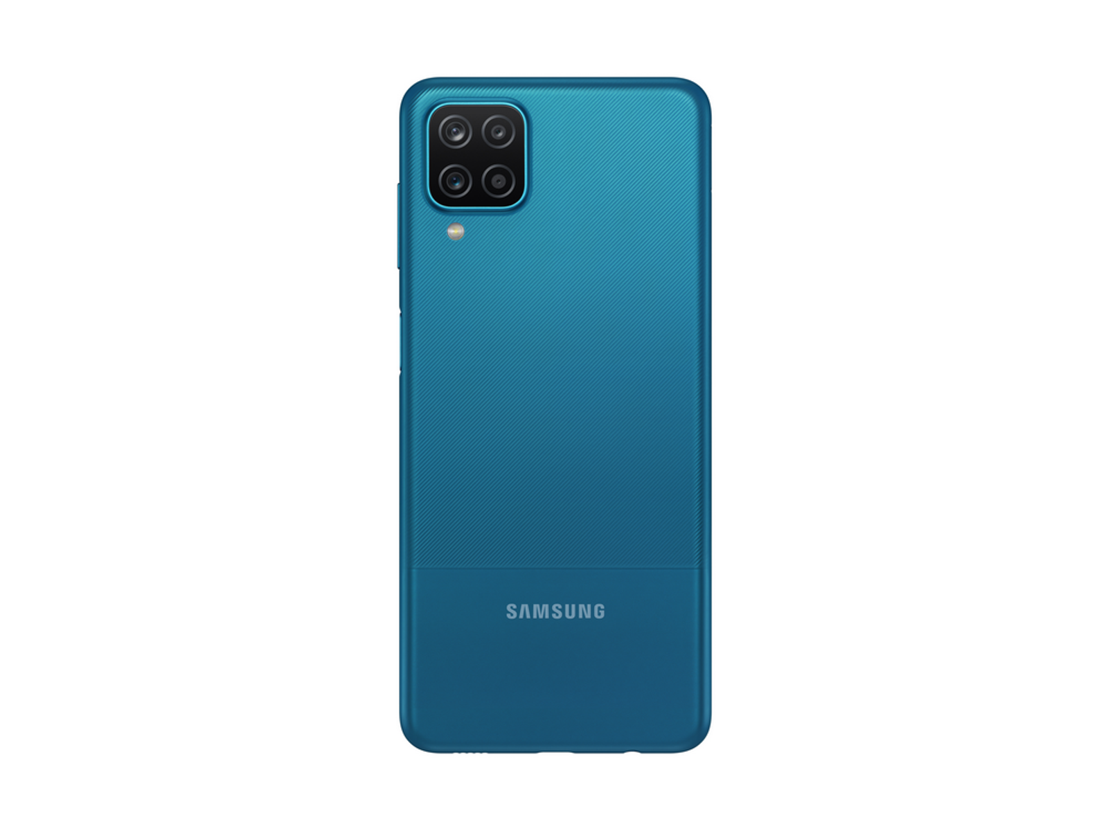 Die Rückseite eines türkisfarbenen Samsung-Telefons mit strukturiertem unteren Bereich.