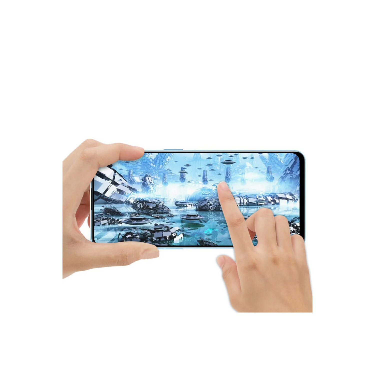 Hände, die ein Telefon halten, das eine futuristische Stadtszene anzeigt, mit einem Finger, der den Bildschirm berührt, weißer Hintergrund.