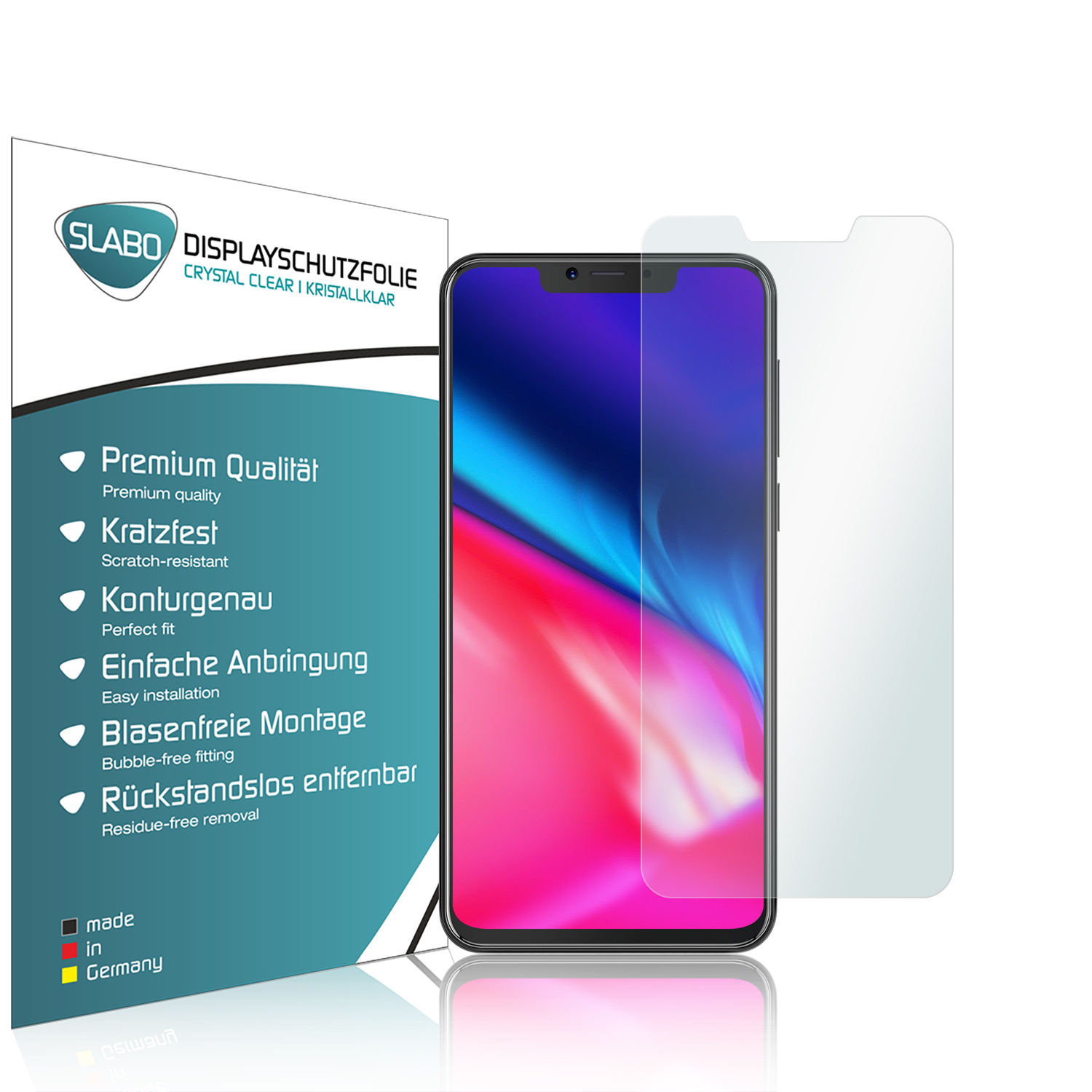 Ein Telefon mit Displayschutzfolie und eine Box mit Text darauf, vor weißem Hintergrund.