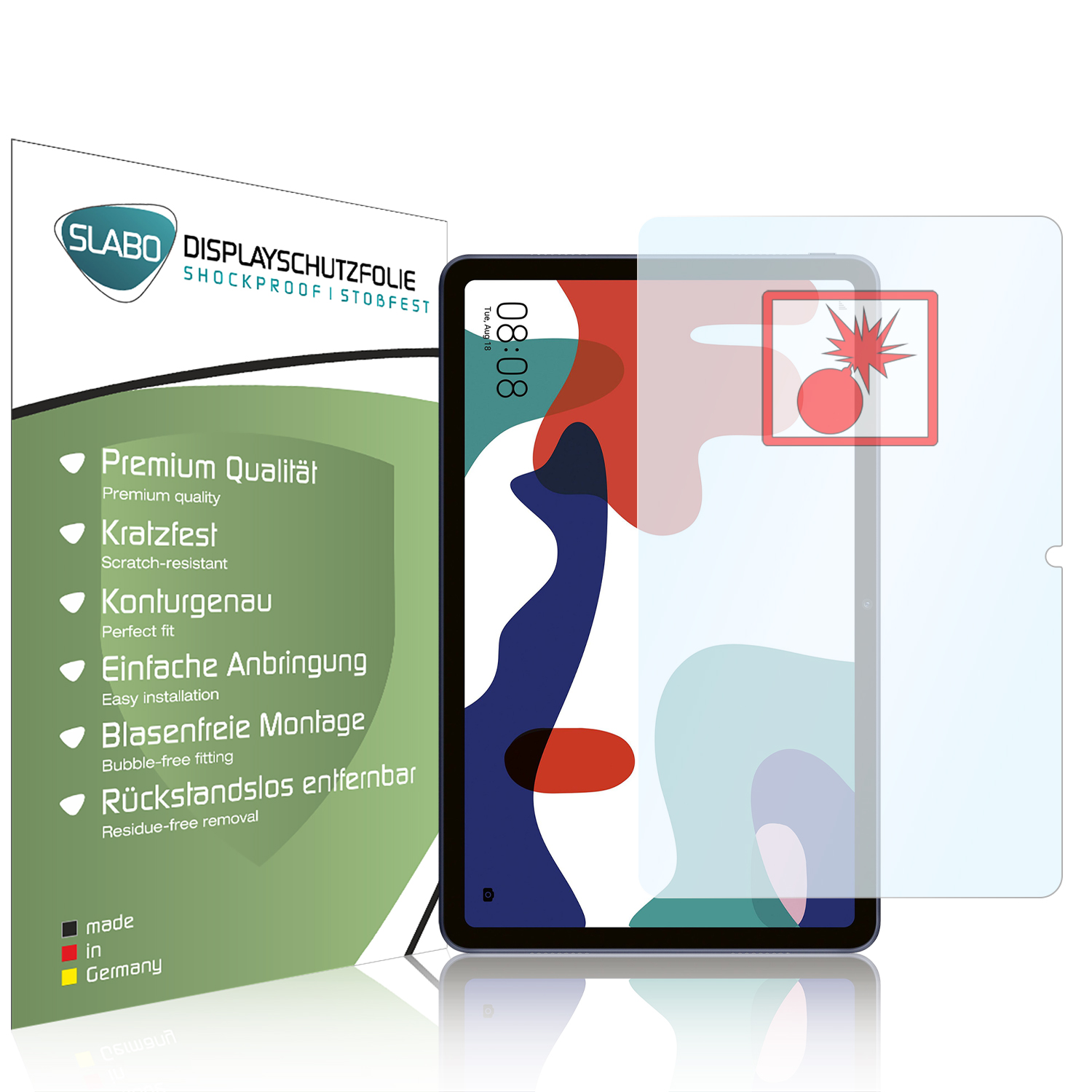 Tablet mit Displayschutzfolie, Produktdetails und Nahaufnahme des Bildschirms.
