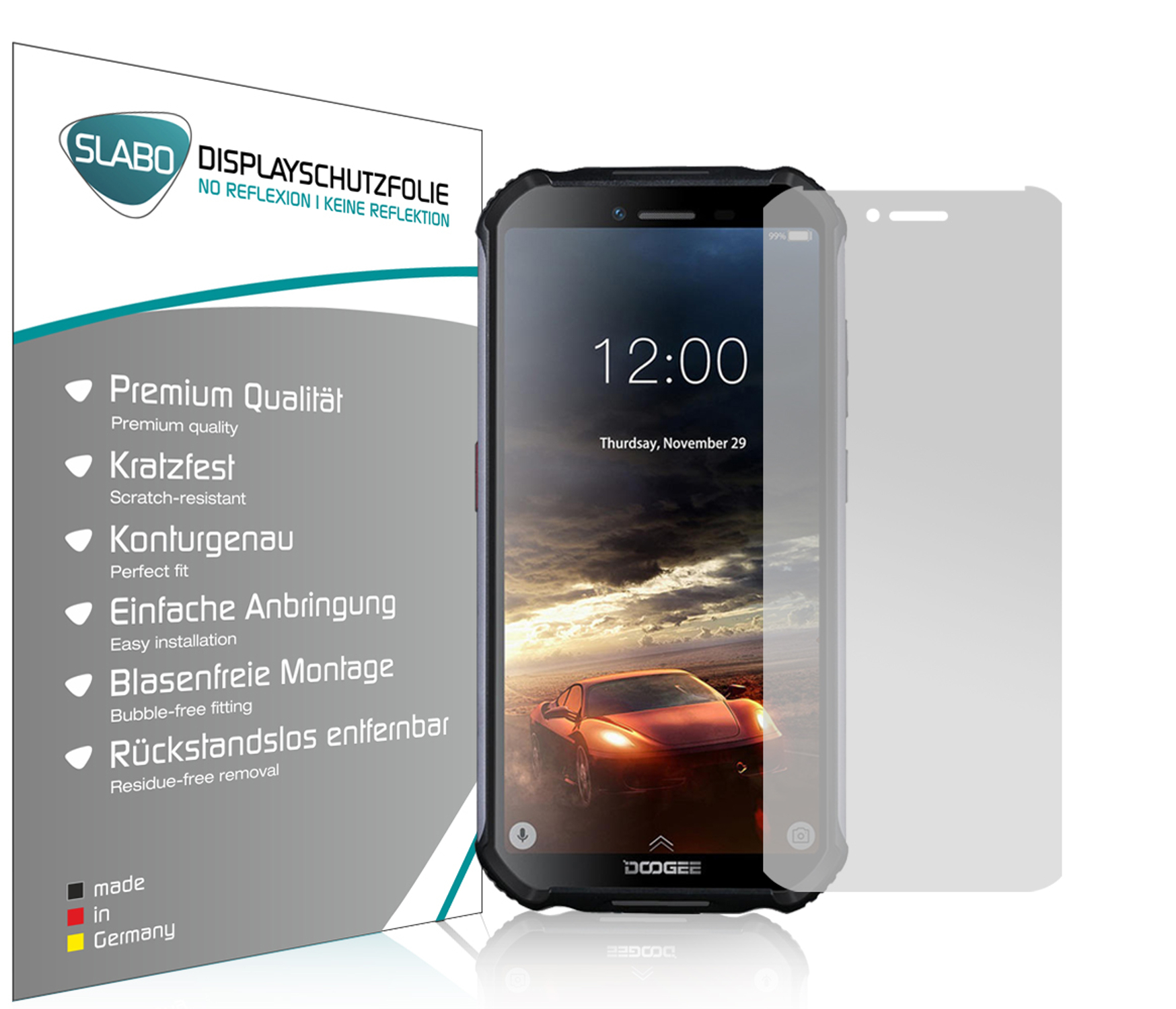 Ein Telefon mit Displayschutzfolie und deren Verpackung werden angezeigt.