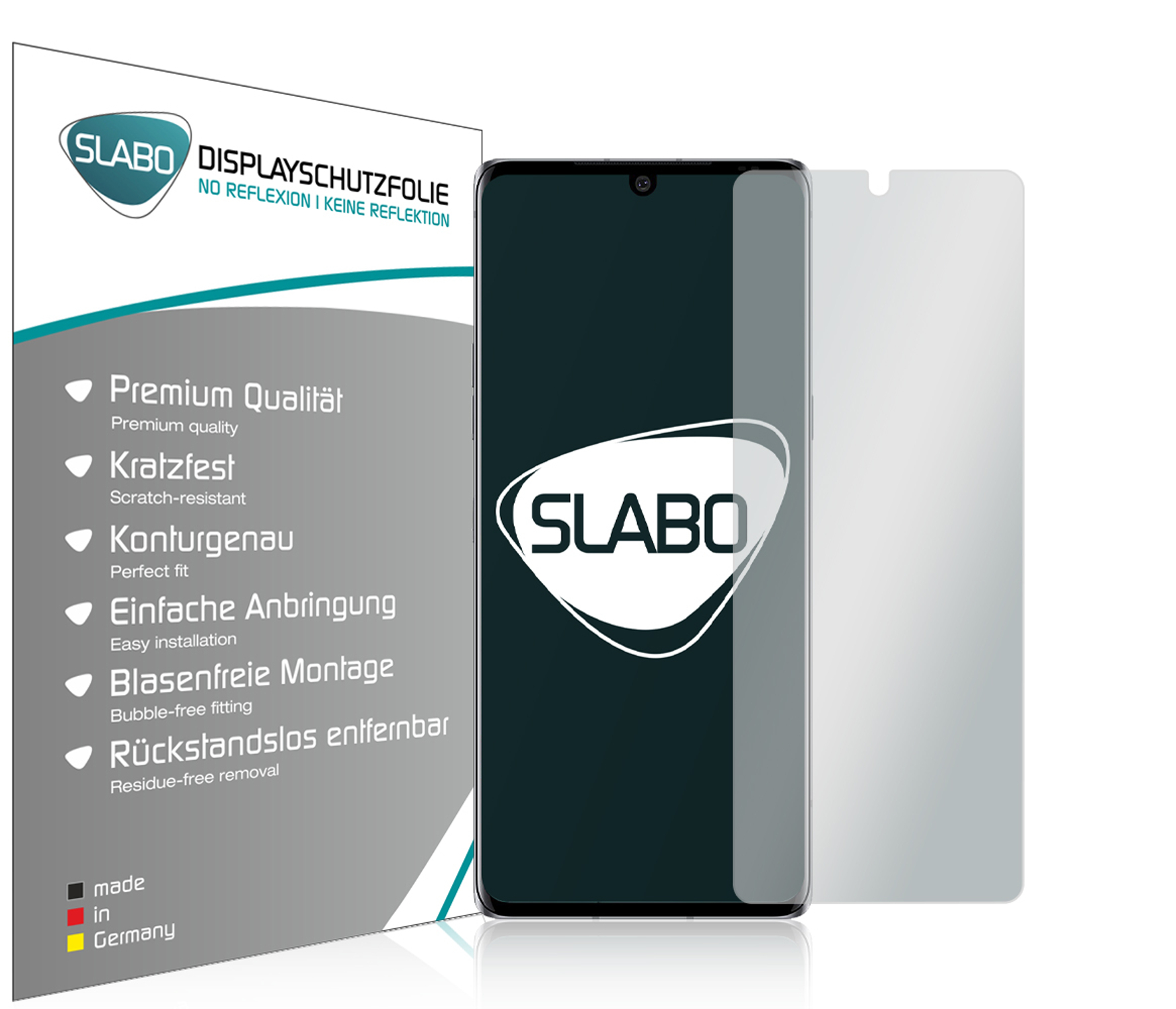 Ein Displayschutz für das Telefon und die Produktverpackung, mit Text und Logo.