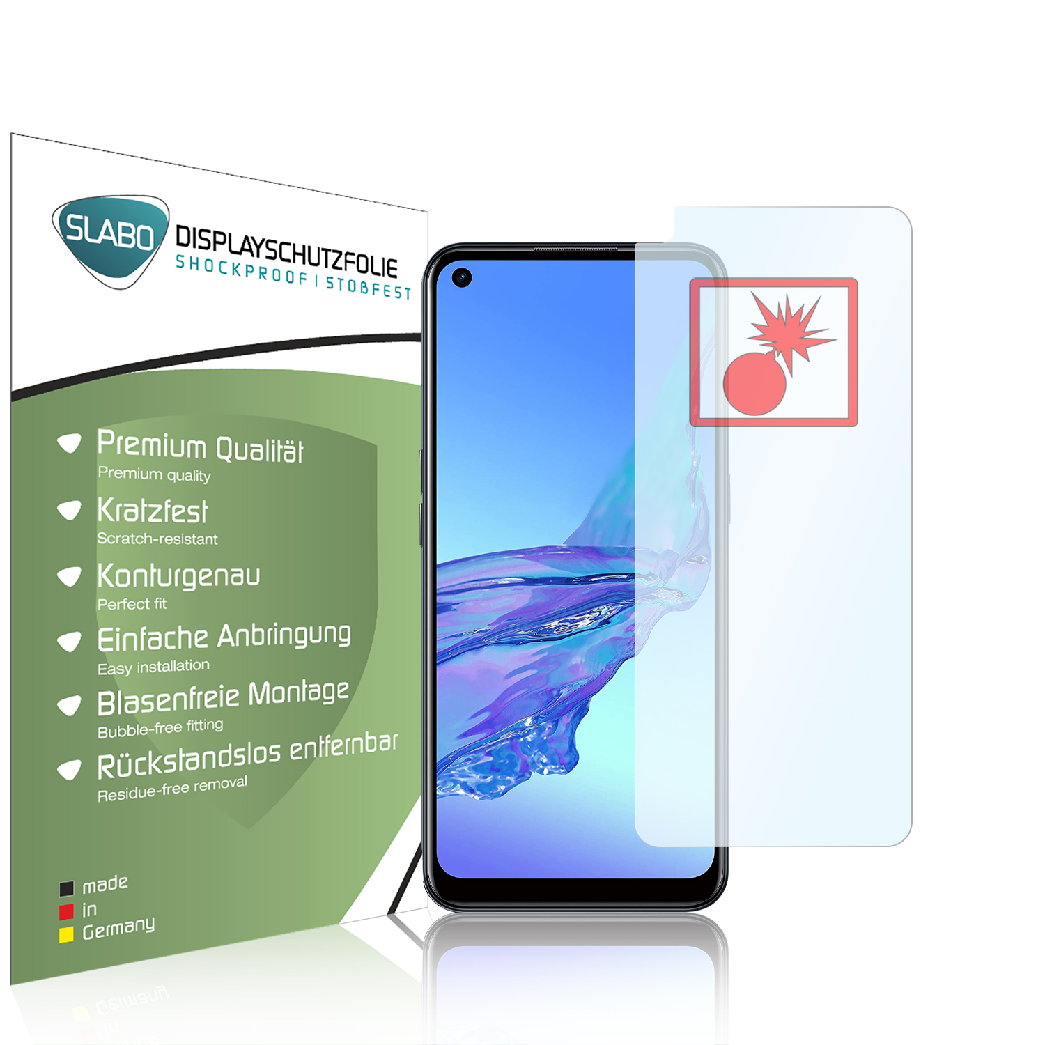 Telefon mit Displayschutzfolie und Verpackung. Text beschreibt Premiumqualität, Kratzfestigkeit und einfache Installation.