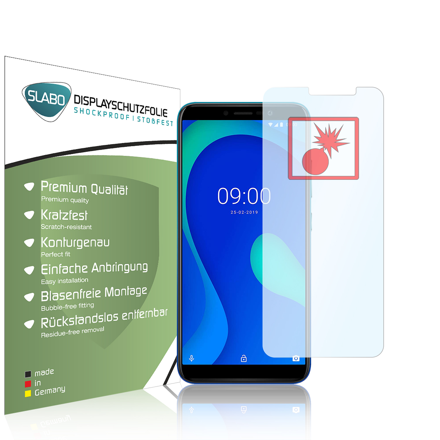 Ein Telefon mit Displayschutzfolie, eine Box mit Text und eine Illustration einer Bombe.