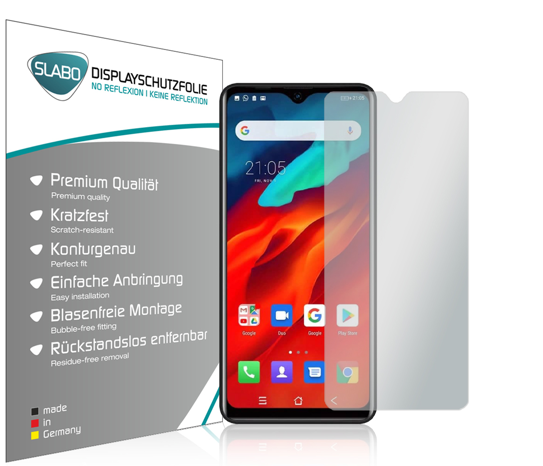 Smartphone mit Displayschutz, der eine Oberfläche zeigt, isoliert auf Weiß.