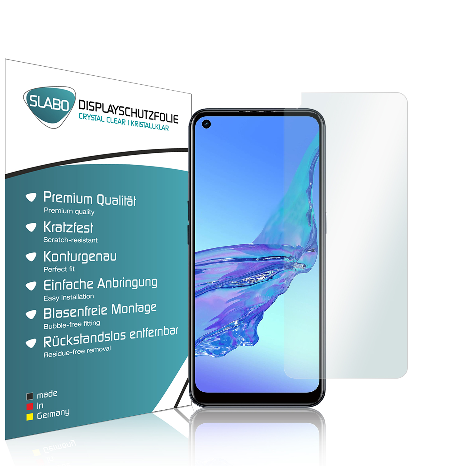 Ein Telefon mit Displayschutz und eine Box mit Funktionsbeschreibungen. Das Telefon hat einen blauen Bildschirm.