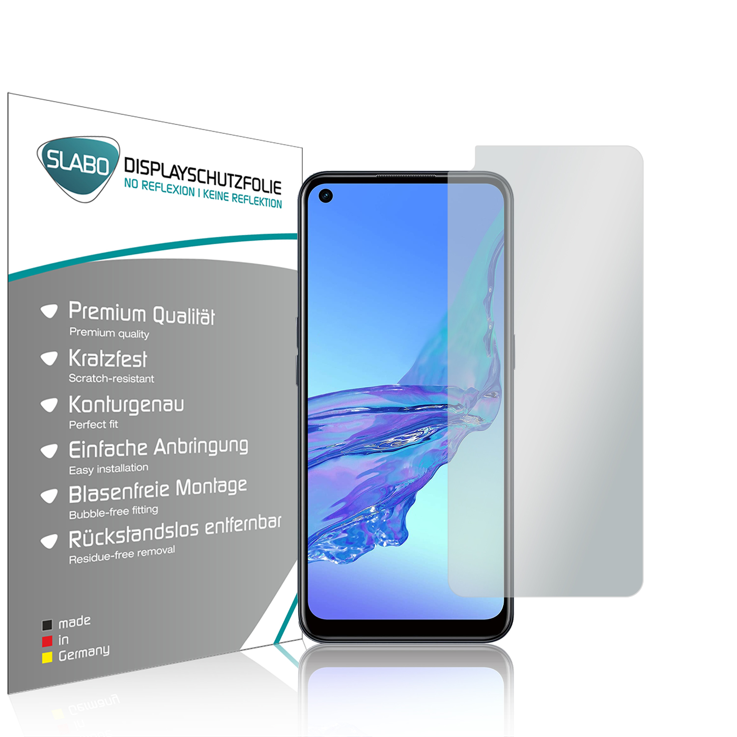 Ein Telefon mit Displayschutzfolie und einer Schachtel. Die Displayschutzfolie befindet sich auf dem Telefon.