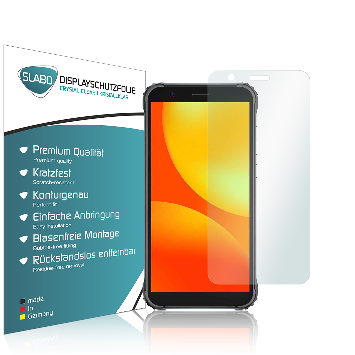 Ein Telefon mit Displayschutzfolie neben einer Box. Die Box hat Text über den Schutz.