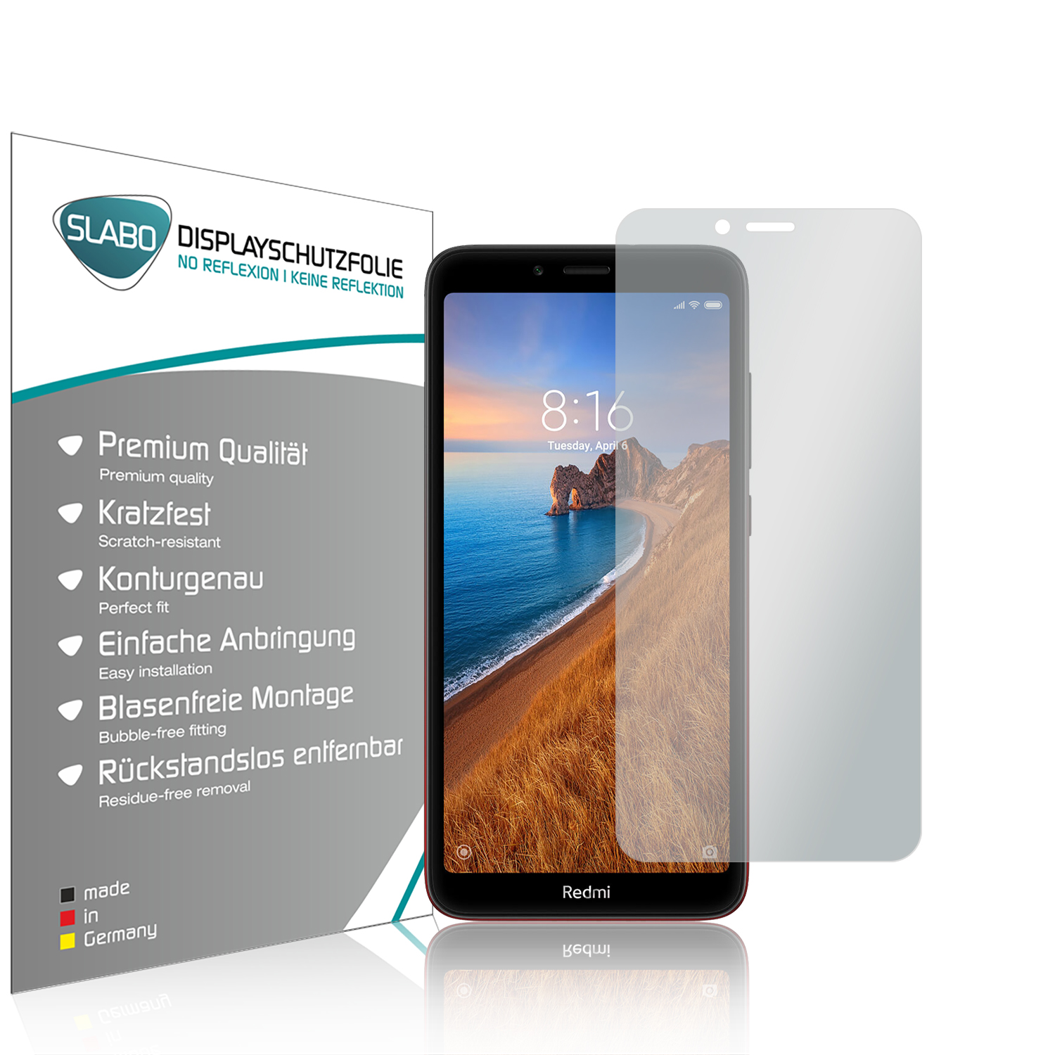 Ein rotes Telefon mit Displayschutzfolie und Werbedisplay.