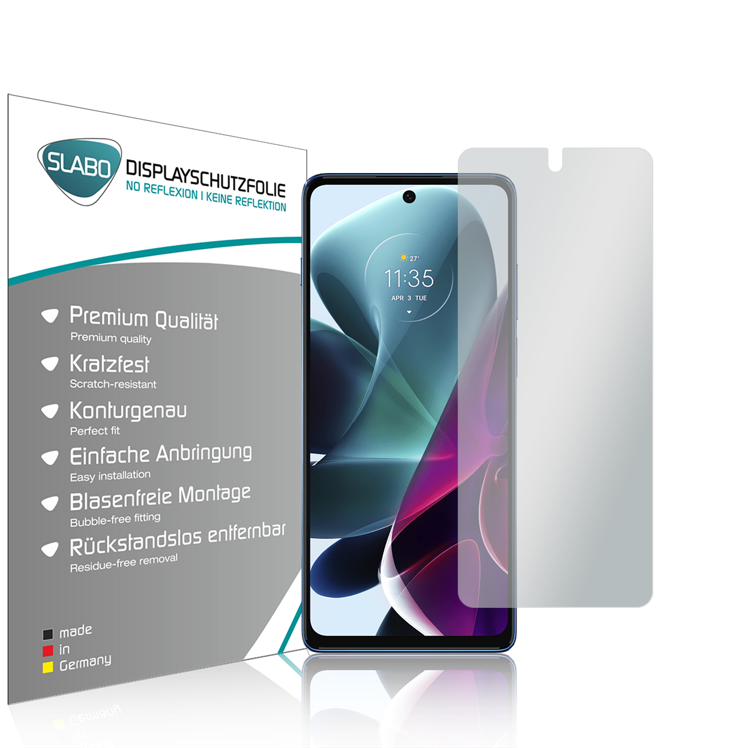 Ein Telefon mit Displayschutzfolie und Verpackung, mit Text.