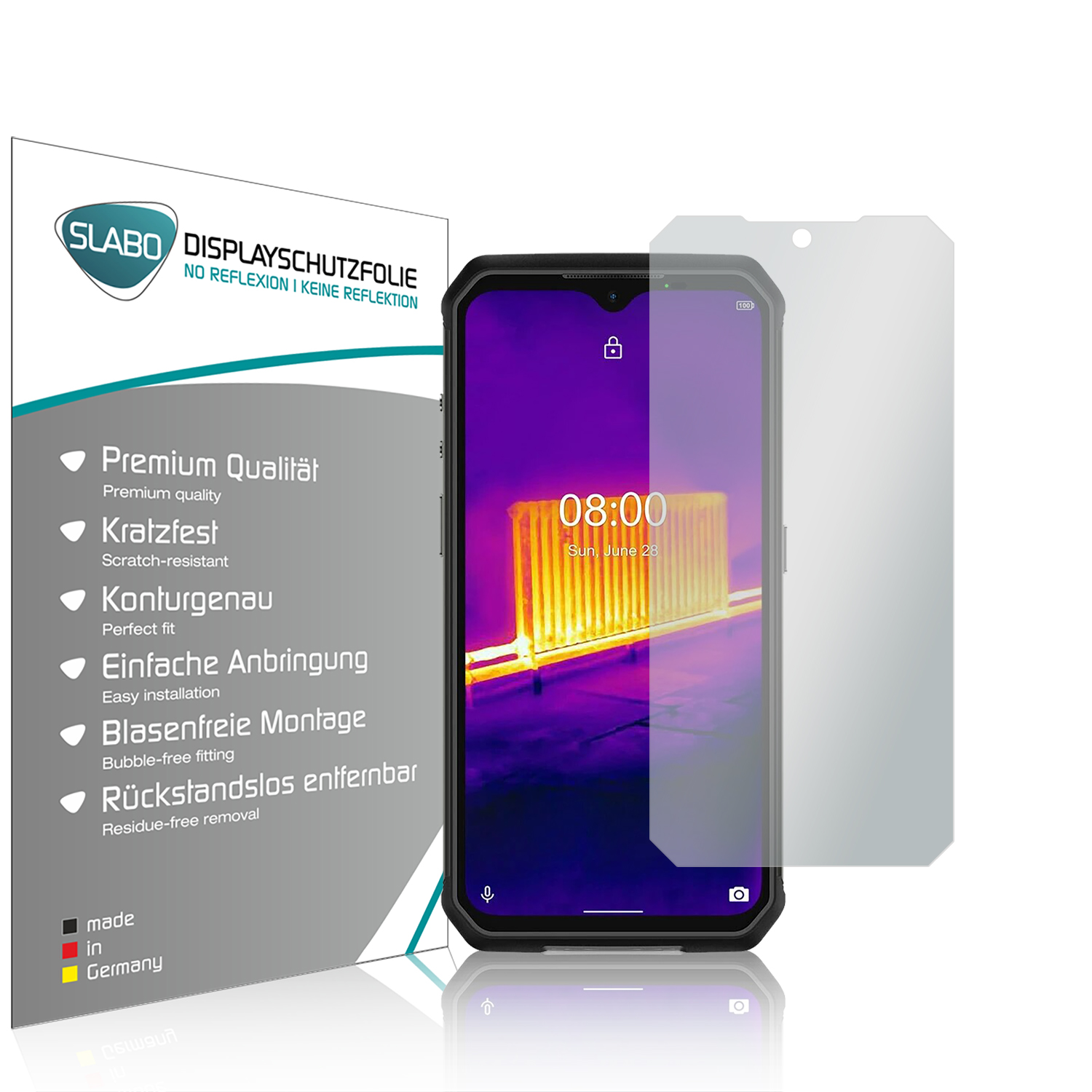 Telefon mit Displayschutzfolie, zeigt Uhrzeit und Datum. Weißer Hintergrund mit der Verpackung des Schutzes.