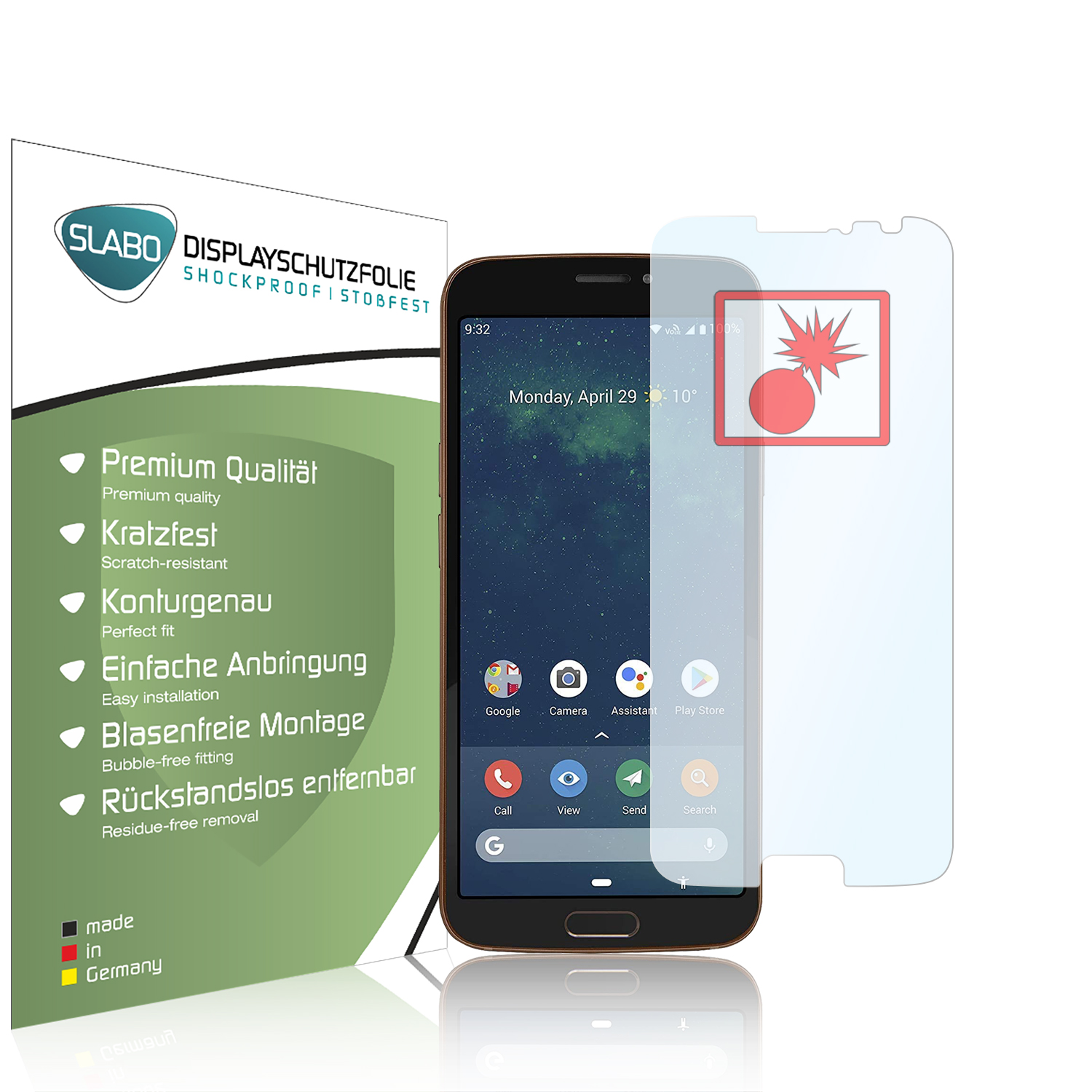 Telefon mit Displayschutz neben Produktverpackung, Bildschirm zeigend.
